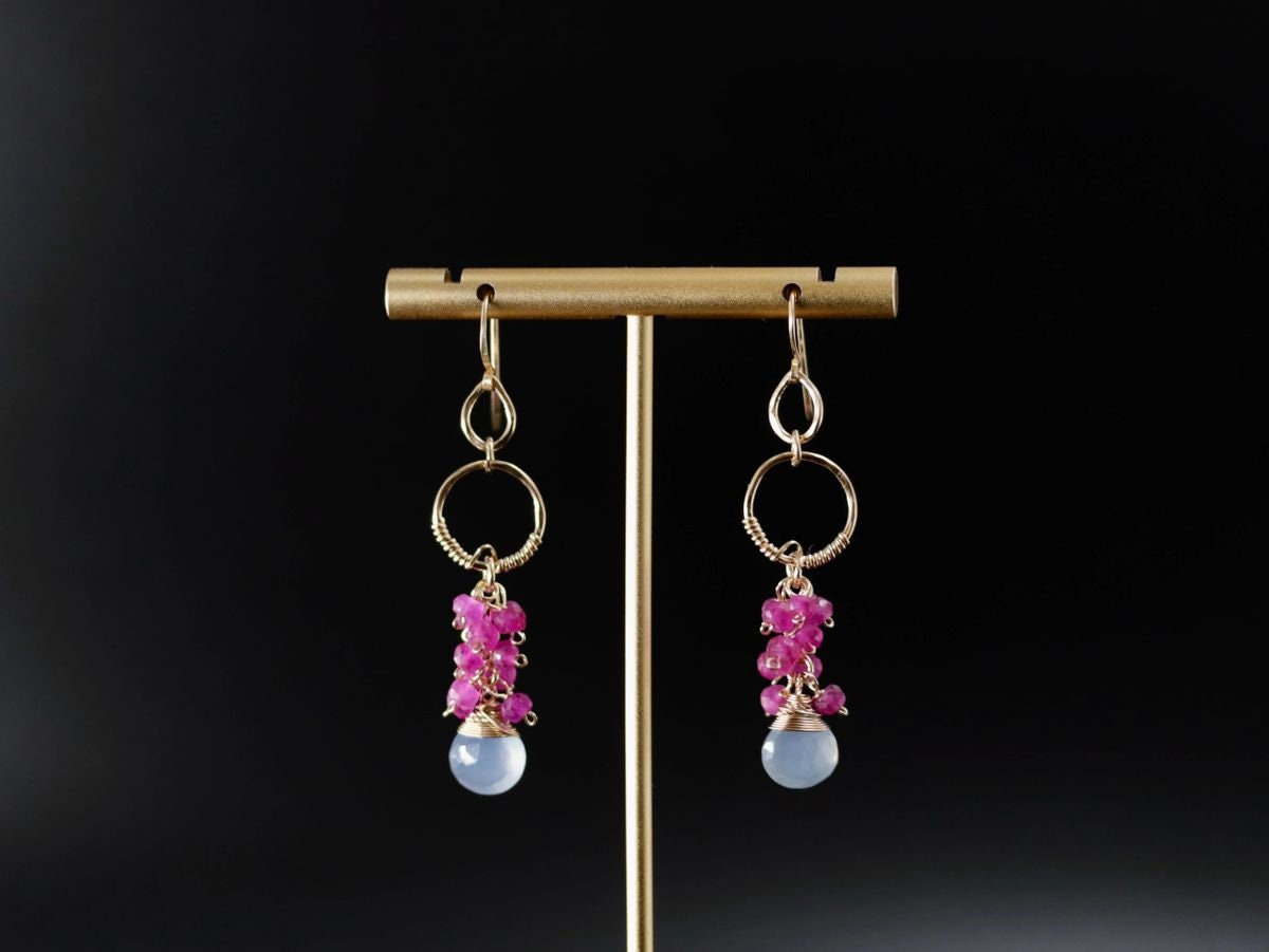 Ruby Chalcedony Heart Briolette Floral Cluster Gemstone Earrings, 14K Gold Filled