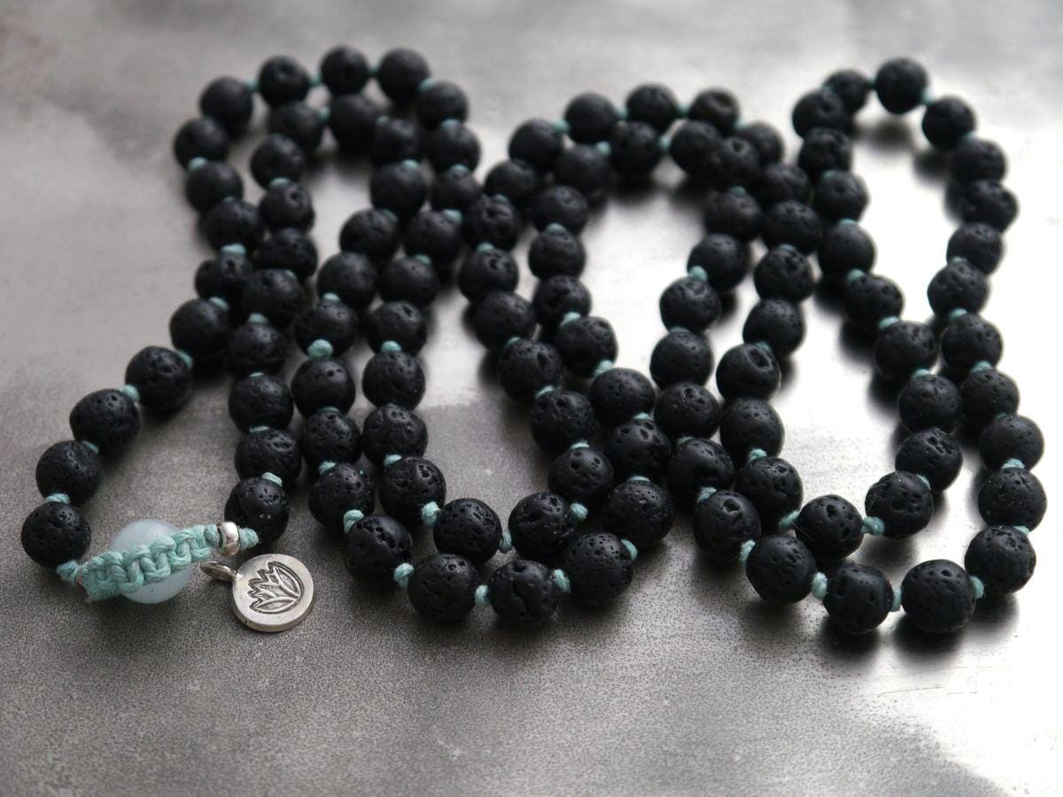 Black Lava Rock 108 Mala Bead , Wrap, Hand Knotted Tibetan Prayer Beads