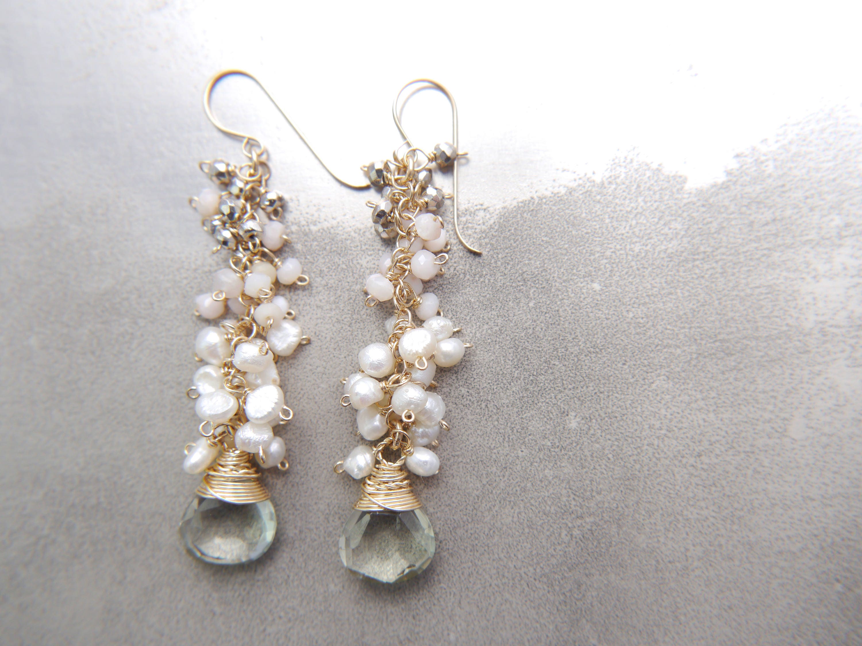 Green Amethyst Pearl Teardrop Cluster Floral Gemstone Earrings, 14K Gold Filled