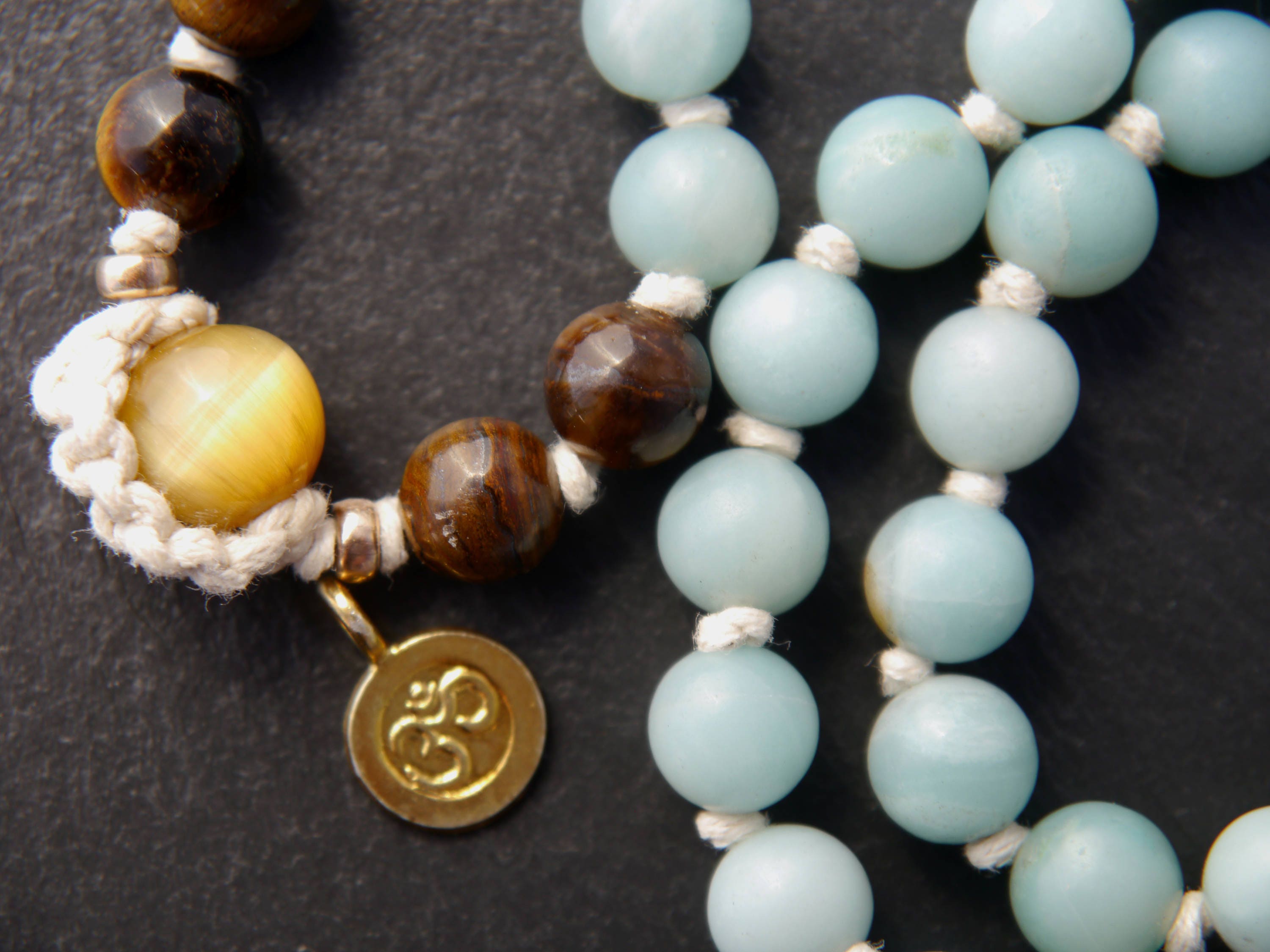 Brown Tiger’s Eye Blue Amazonite Mala Beads, 108 Gemstone Beads, Wrap, Hand Knotted
