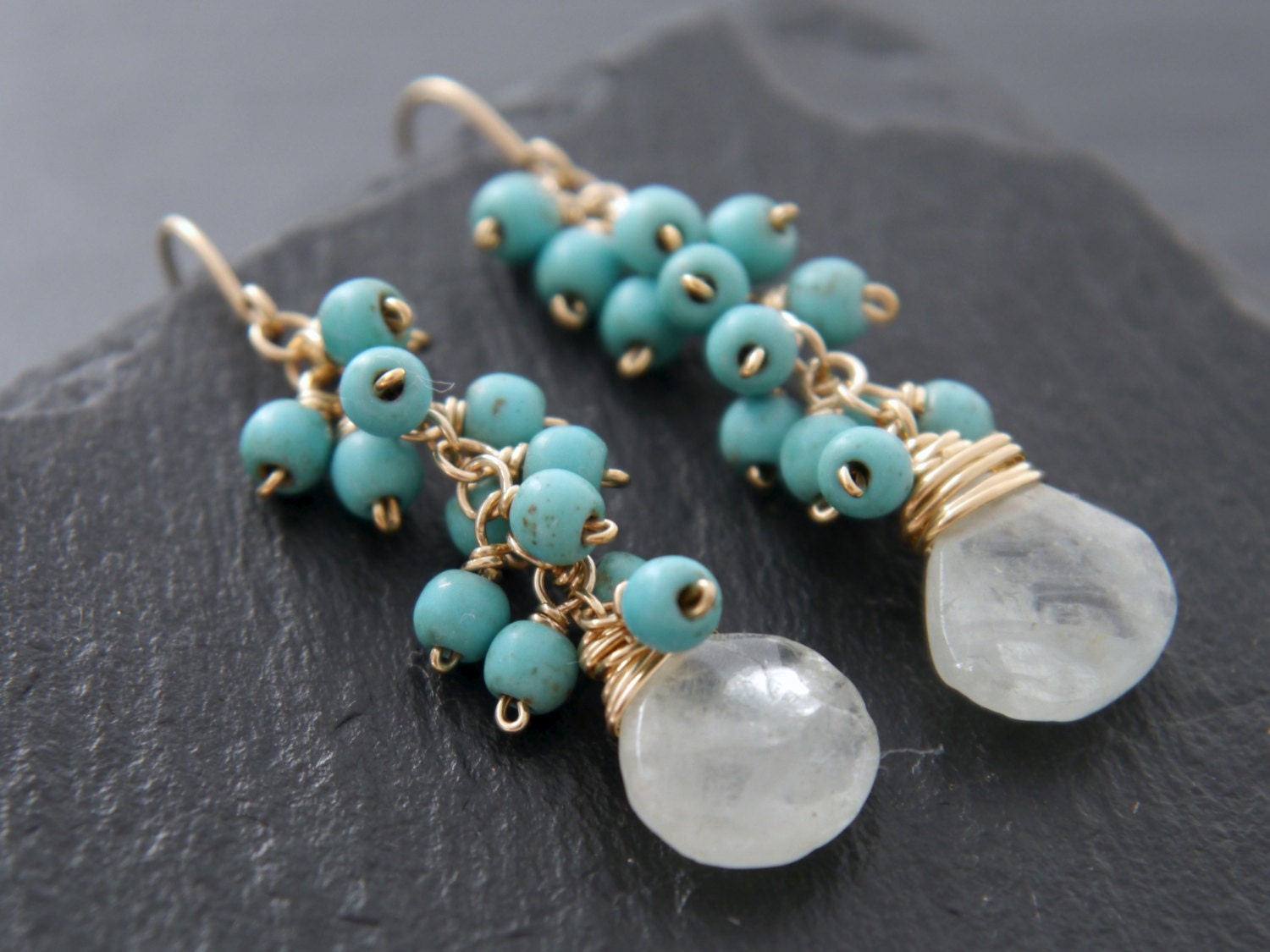 Aquamarine Turquoise Magnesite Cluster Dangle Gemstone Earrings, 14K Gold Filled Boho