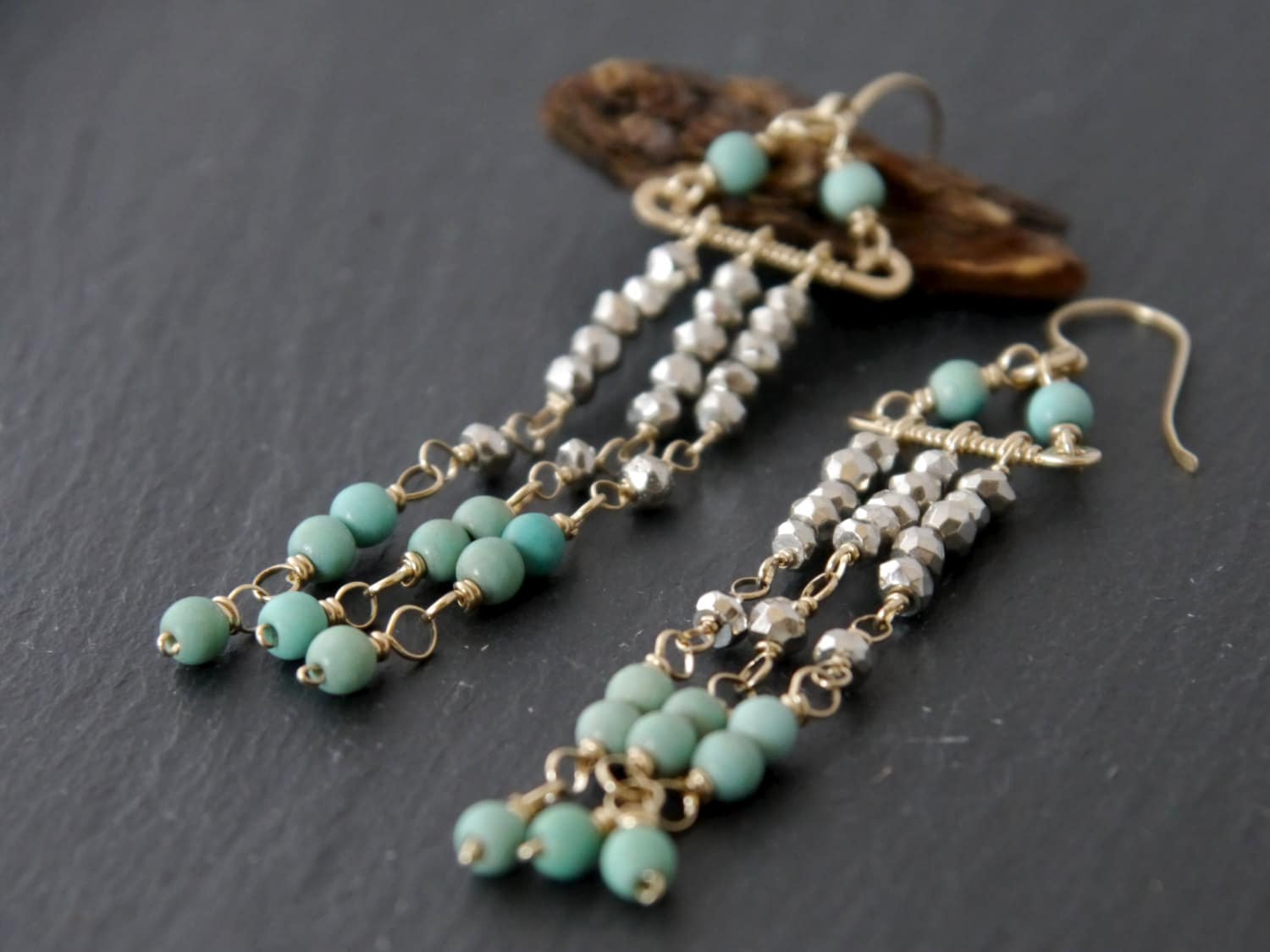 Turquoise Magnesite Pyrite Chandelier Gemstone Earrings, 14K Gold Filled
