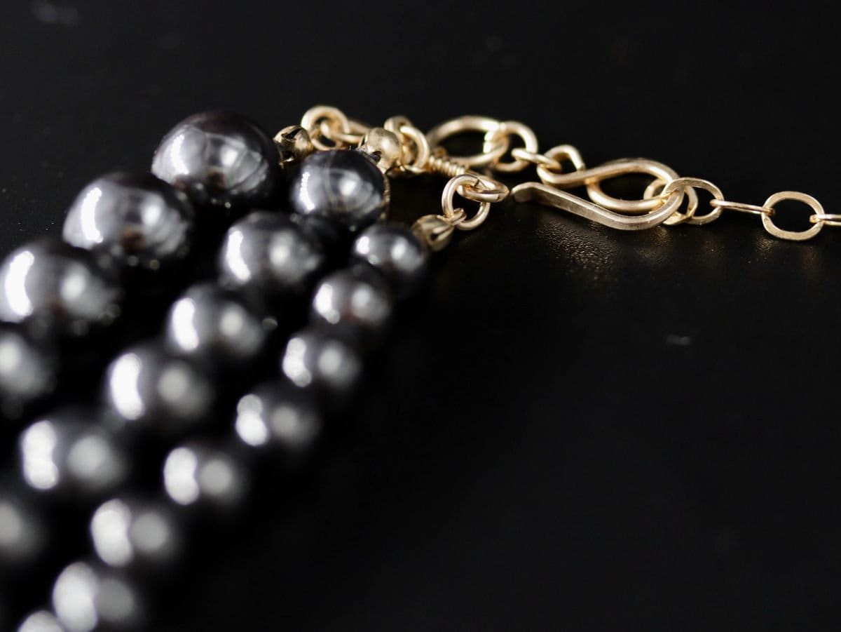Hematite Multi Strand Bib Necklace Gold Filled, Statement Jewelry