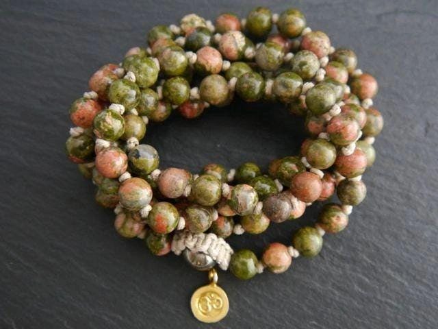 Green Pink Unakite Mala Beads, 108 Gemstone Beads, Wrap, Hand Knotted