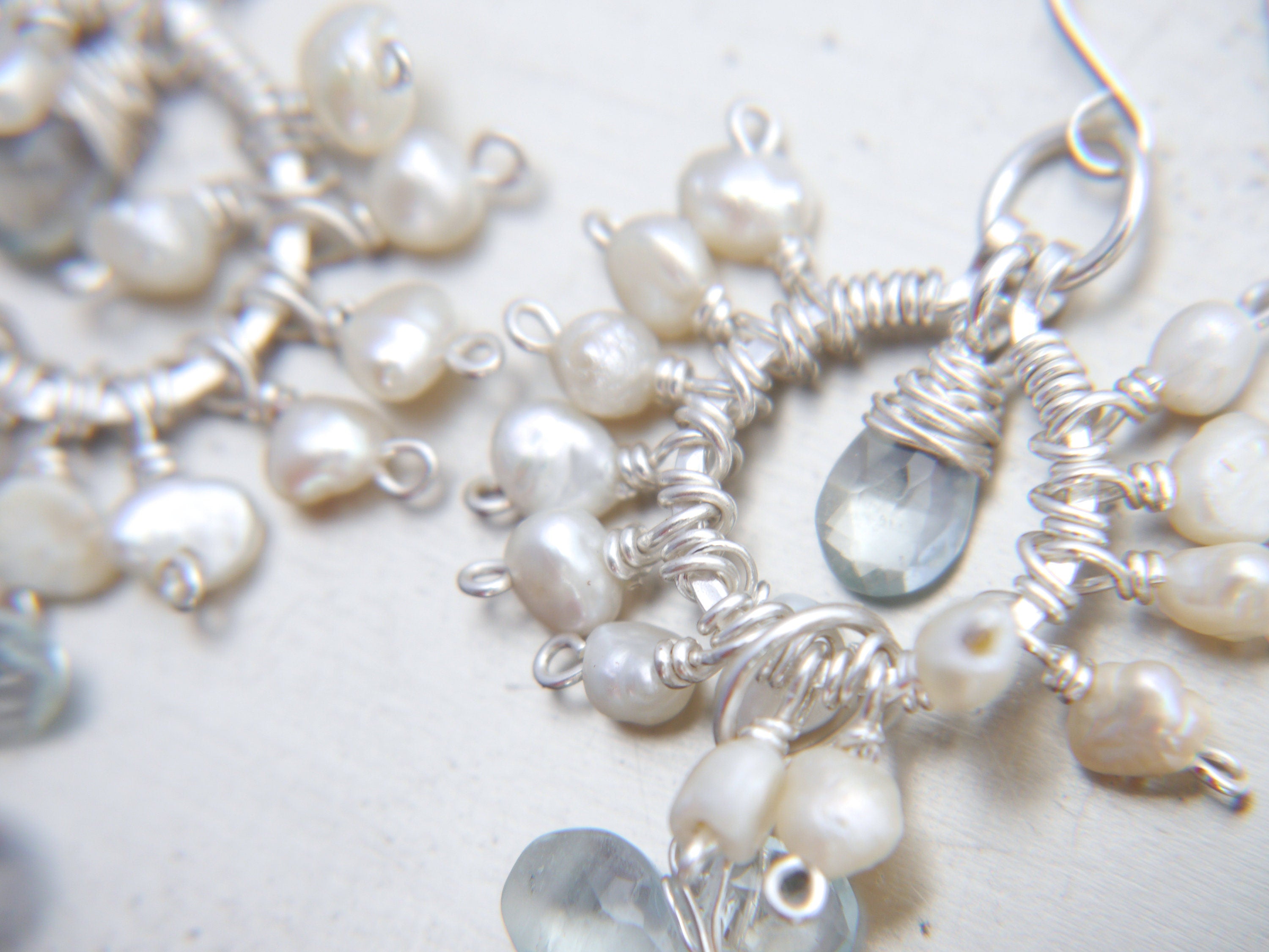 Aquamarine Pearl Long Dangle Chandelier Gemstone Earrings, Sterling Silverr Bridal Jewelry