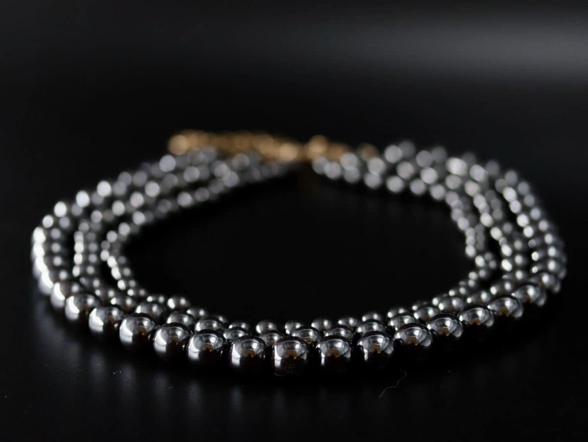Hematite Multi Strand Bib Necklace Gold Filled, Statement Jewelry