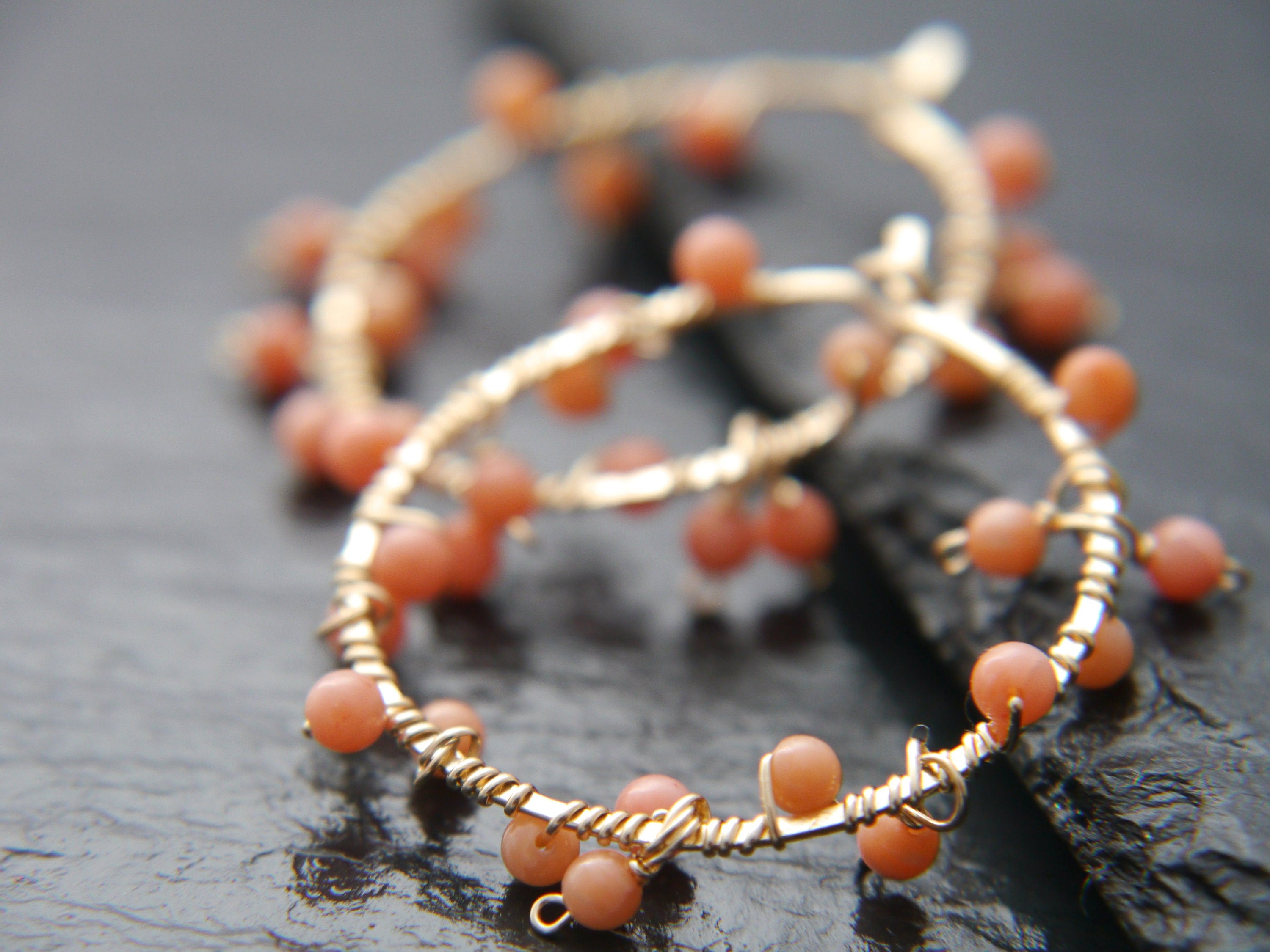 Coral Hoop Gemstone Earrings, 14K Gold Filled Garland Floral  Bohemian Style