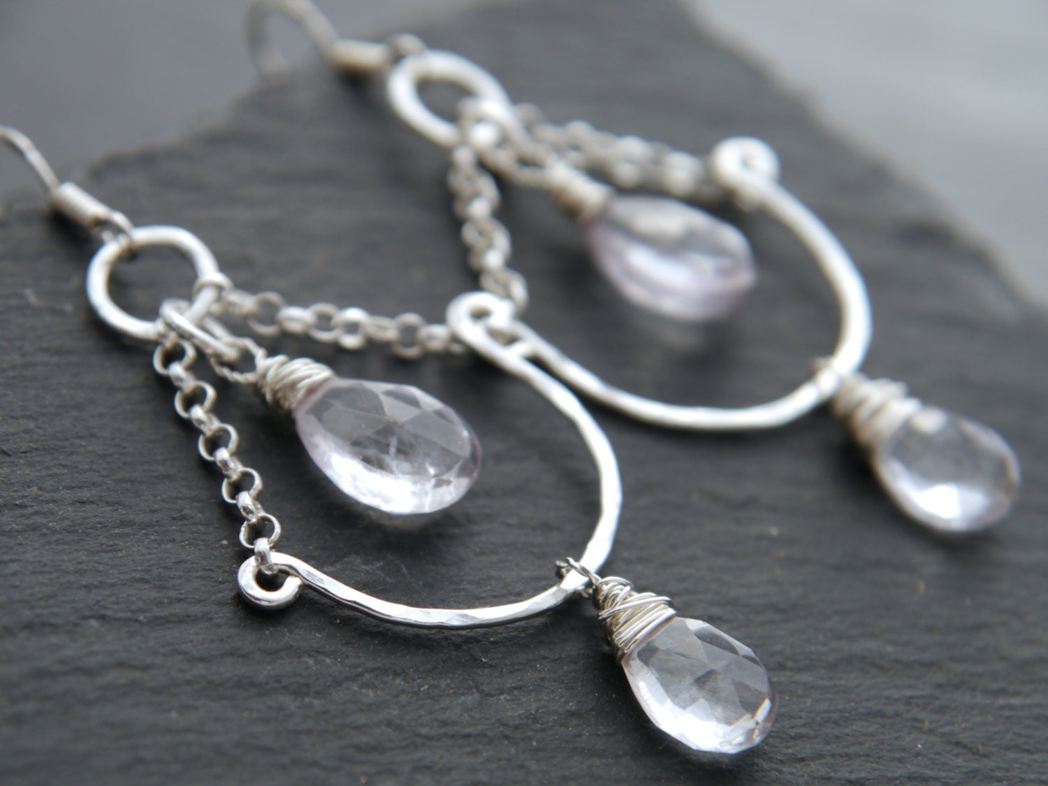 Quartz Teardrop Briolette Chandelier Gemstone Earrings, Sterling Silver Wedding Jewelry