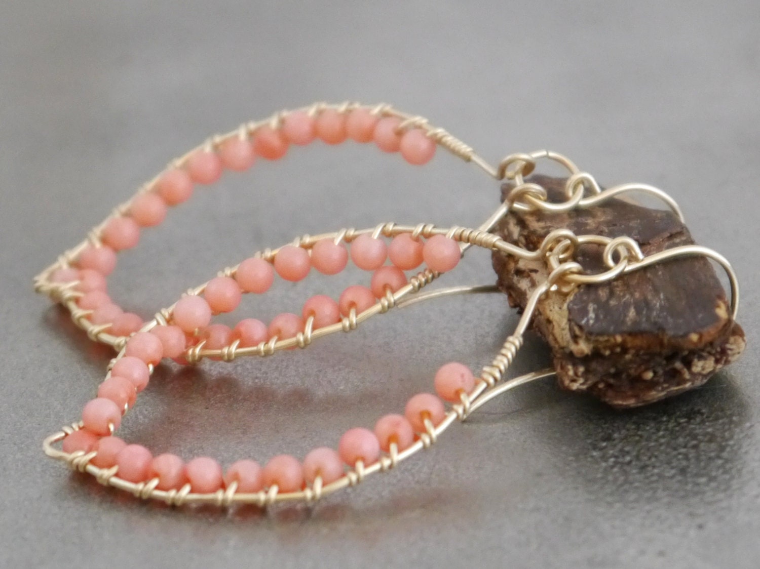Pink Coral Dangle Gemstone Earrings, 14K Gold Filled Bohemian Style