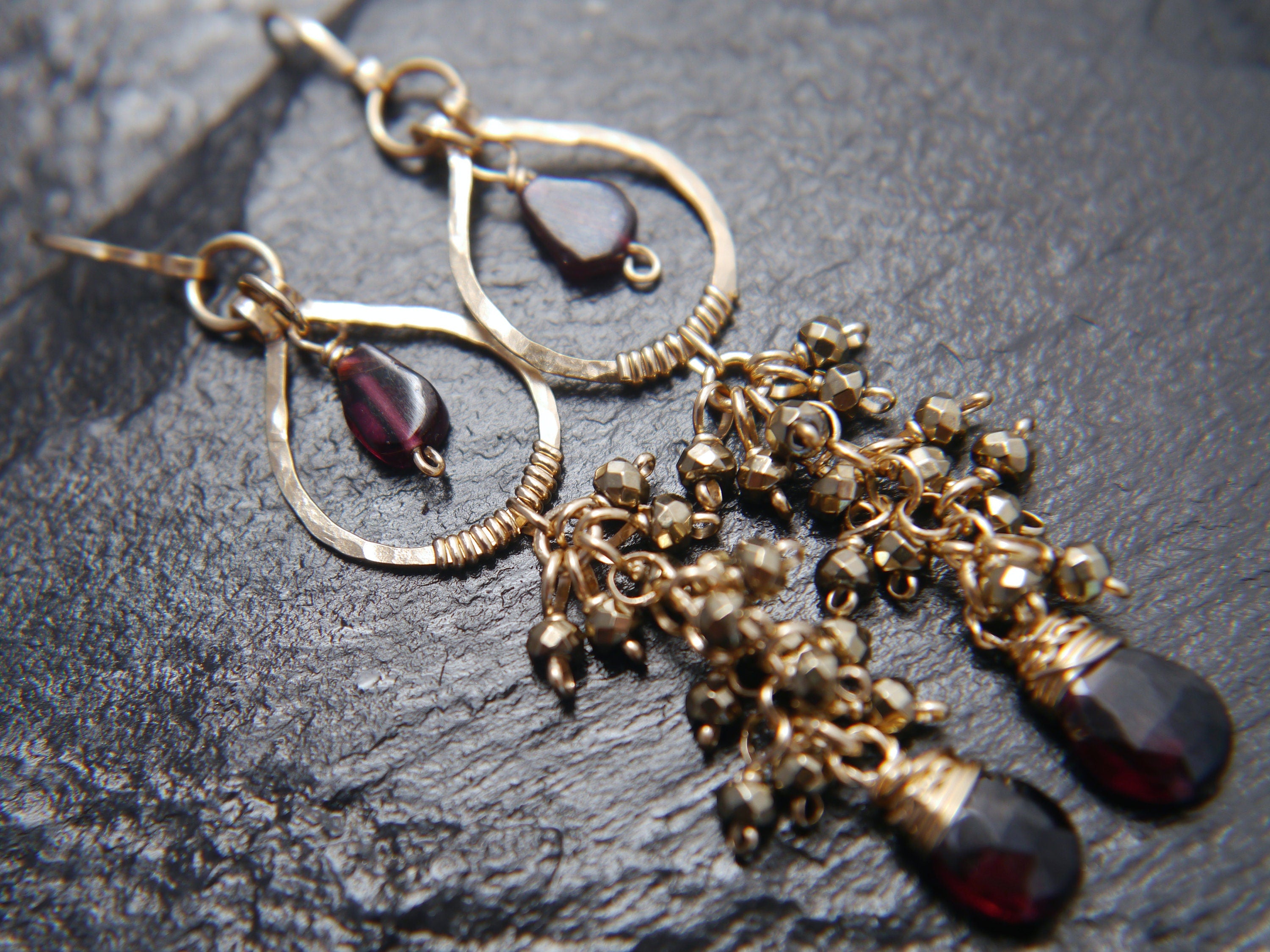 Garnet Chandelier Floral Gemstone Earrings, 14K Gold Filled Bohemian Style