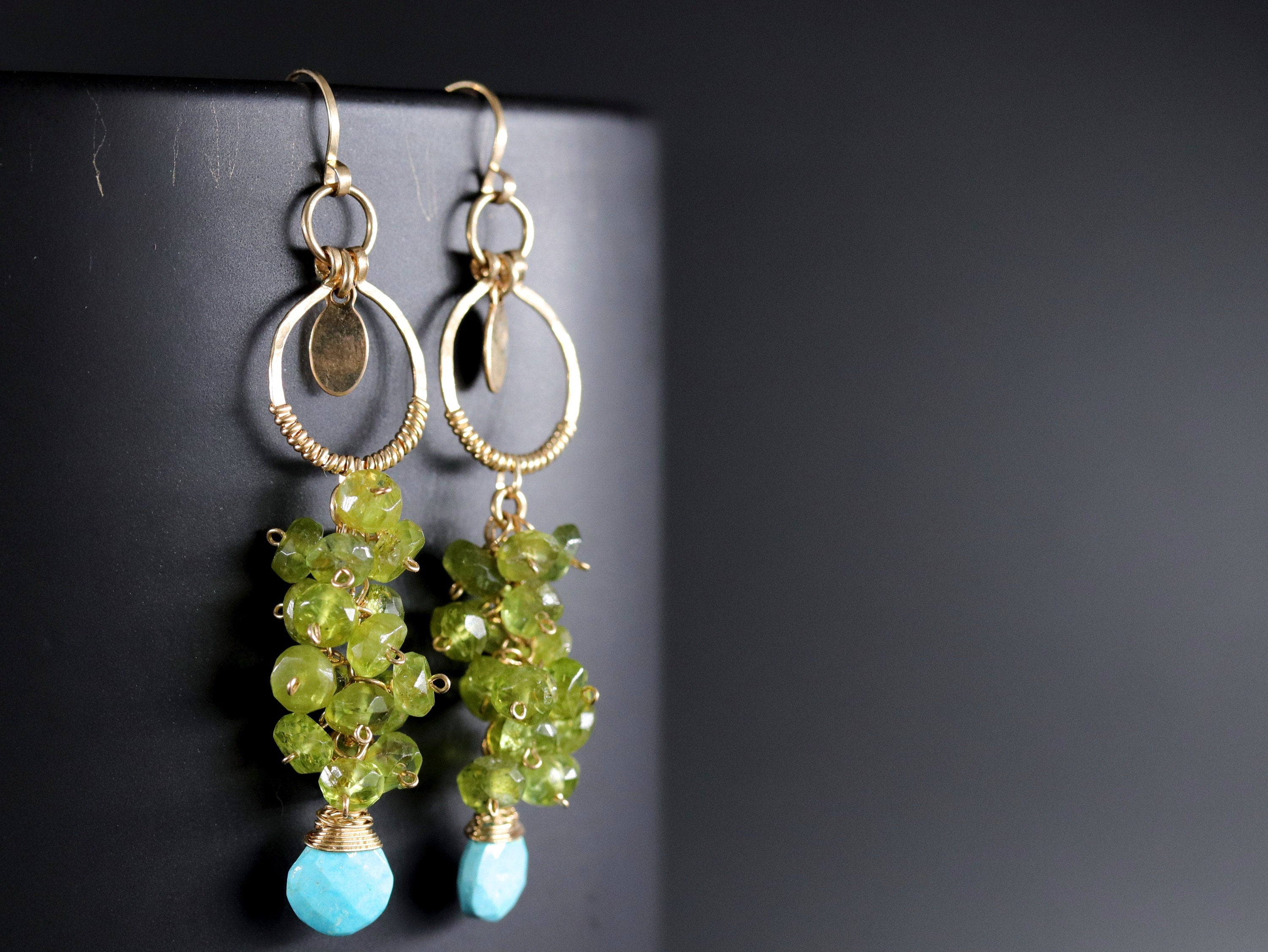 Turquoise Peridot Floral Cluster Long Dangle Gemstone Earrings, 14K Gold Filled