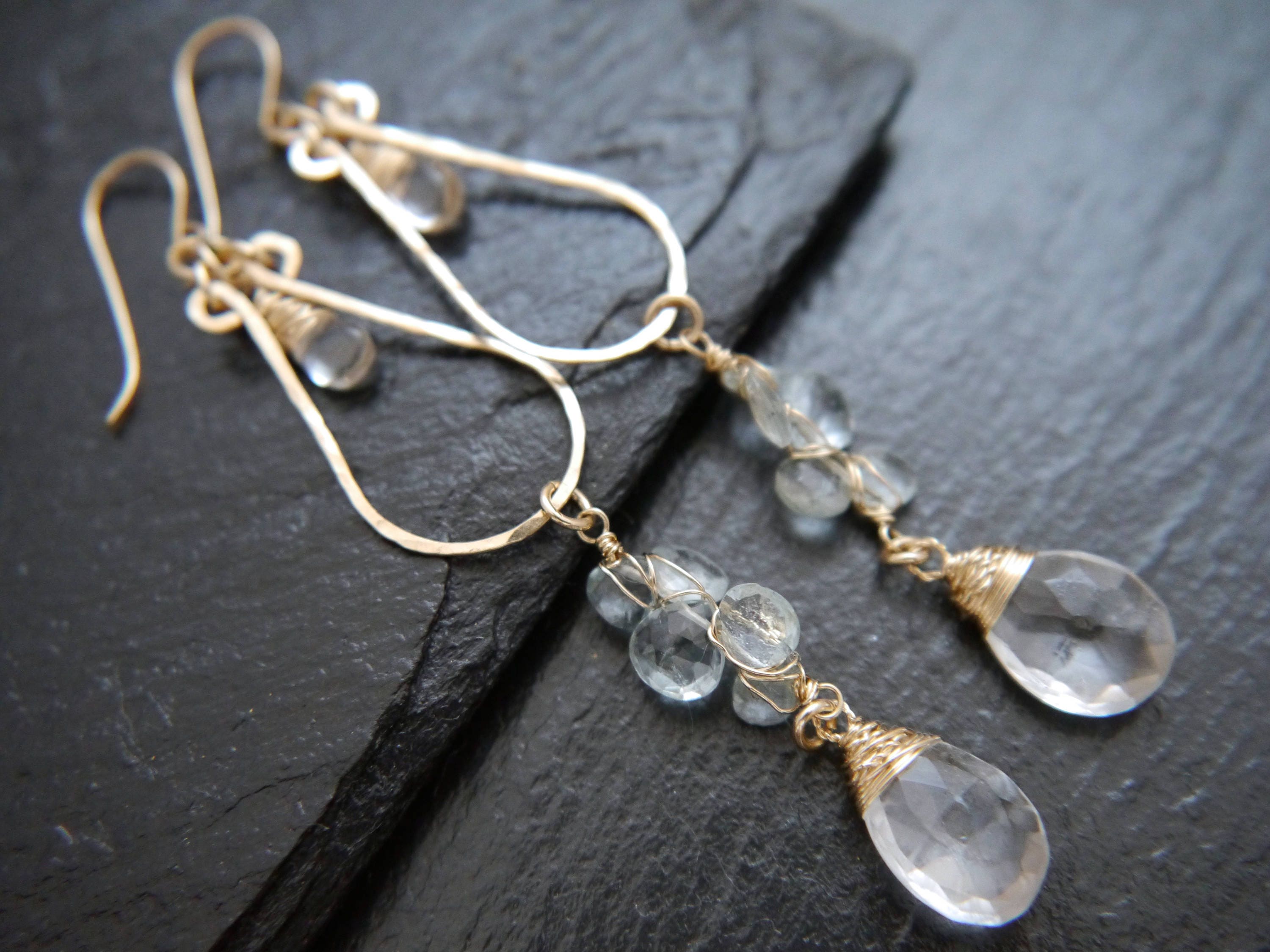 Aquamarine Chandelier Floral Long Dangle Gemstone Earrings, 14K Gold Filled Bridal