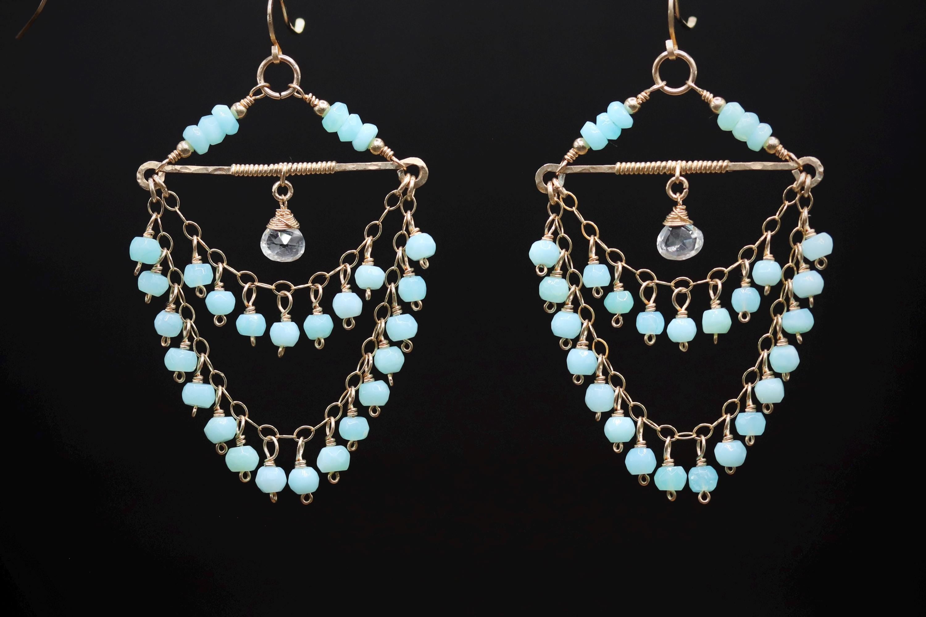 Peruvian Blue Opal Tiered Fringe Chandelier Earrings, 14K Gold Filled Statement Bohemian Wedding Jewelry