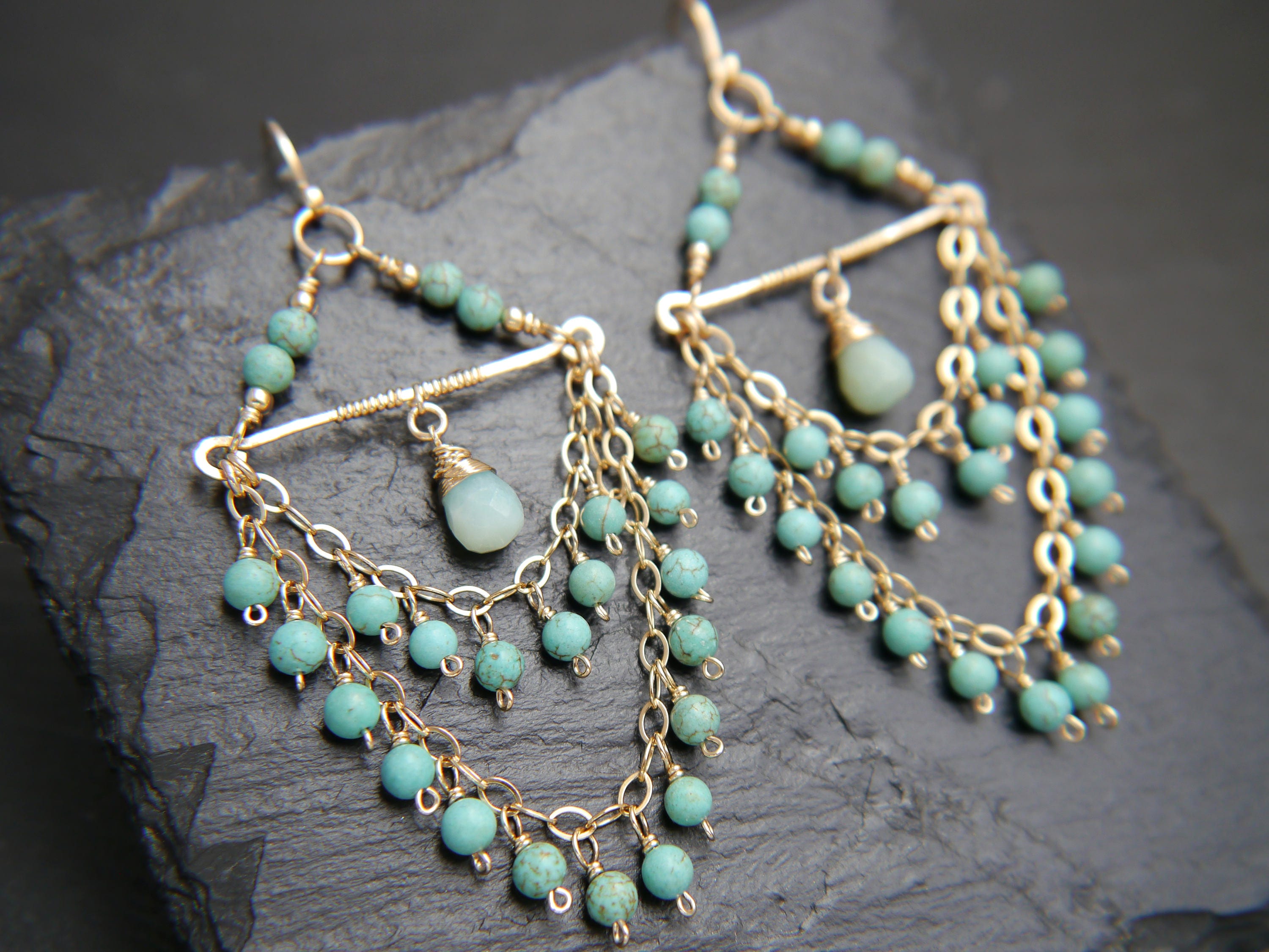 Turquoise Magnesite Chandelier Fringe Gemstone Earrings, 14K Gold Filled Coastal Wedding