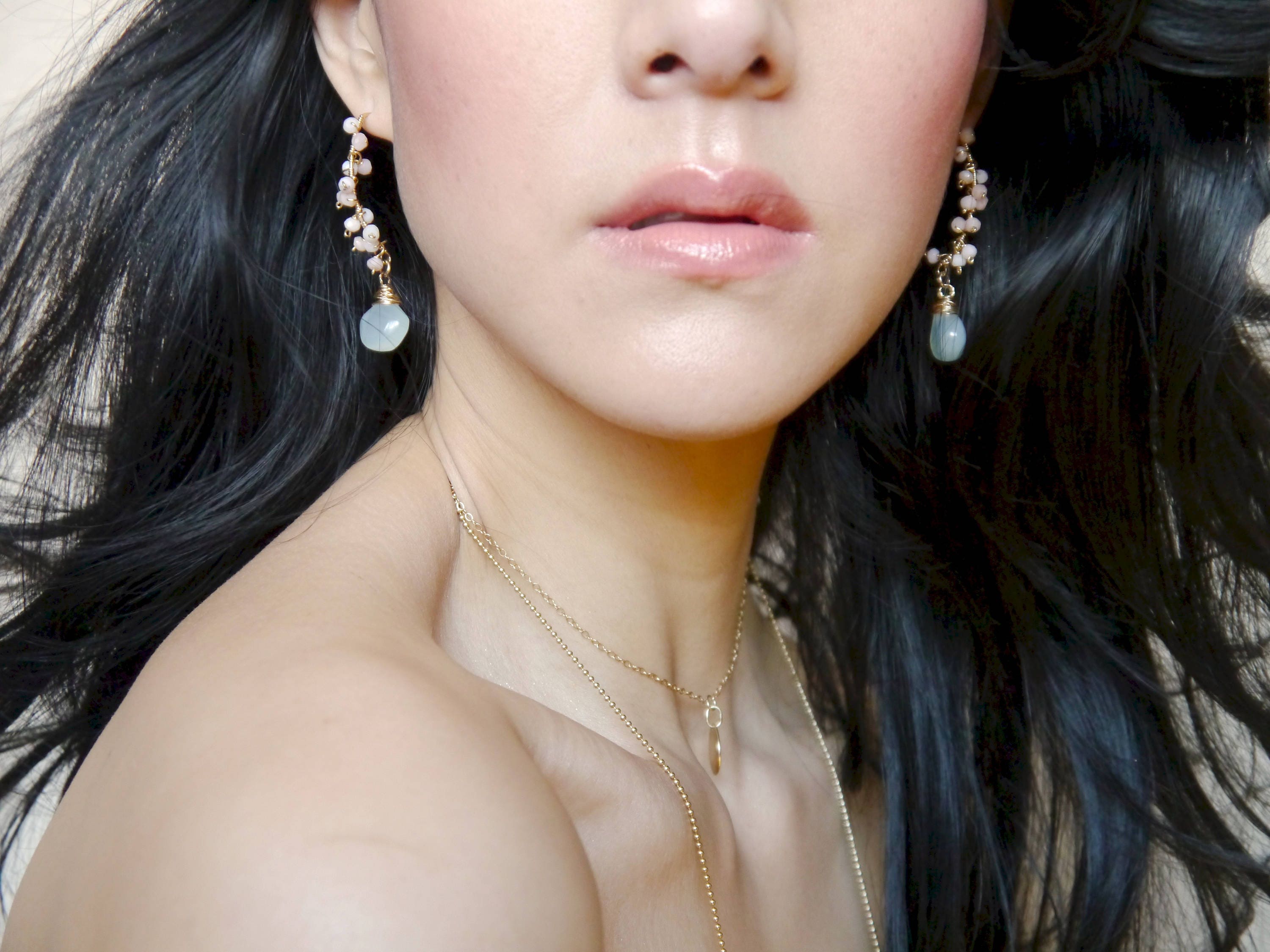 Aqua Chalcedony Briolette Labradorite Cluster Gemstone Earrings, 14K Gold Filled Romantic Style