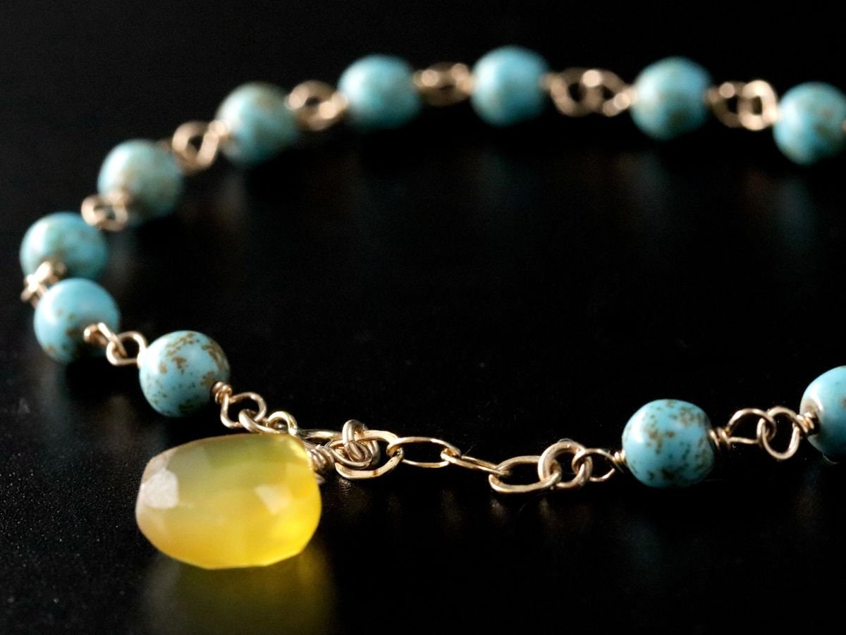 Turquoise Magnesite Yellow Chalcedony Gemstone Bracelet, 14K Gold Filled Rosary Chain, Minimalist Jewelry