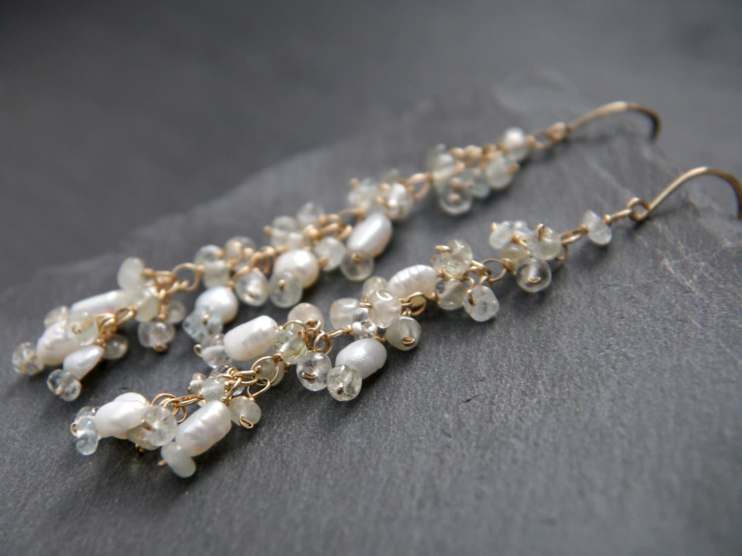 Pearl Aquamarine Long Dangle Floral Cluster Gemstone Earrings, 14K Gold Filled Bridal