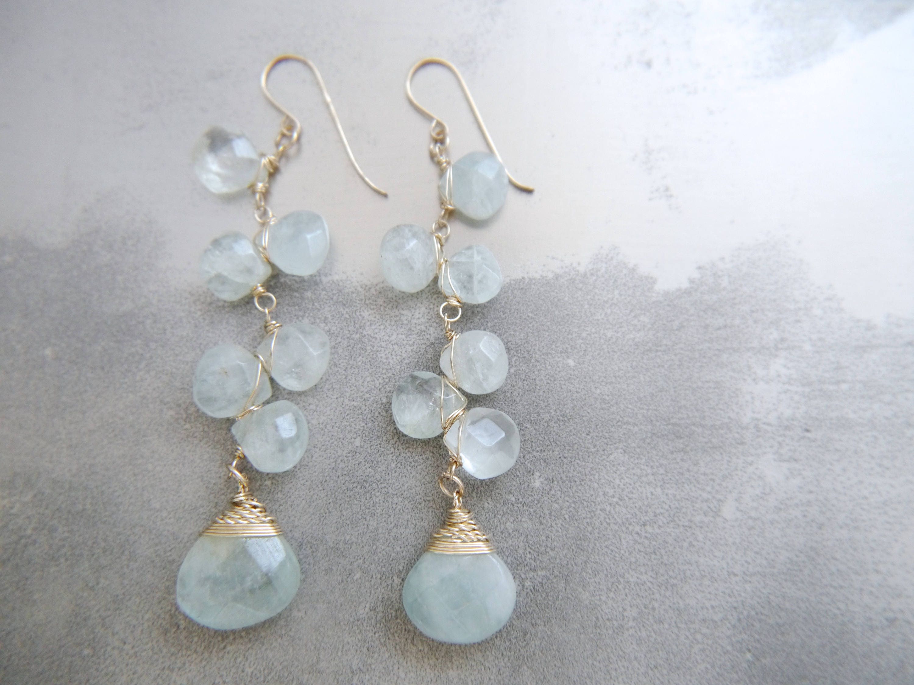 Aquamarine Long Dangle  Floral Gemstone Earrings, 14K Gold Filled Garden Wedding