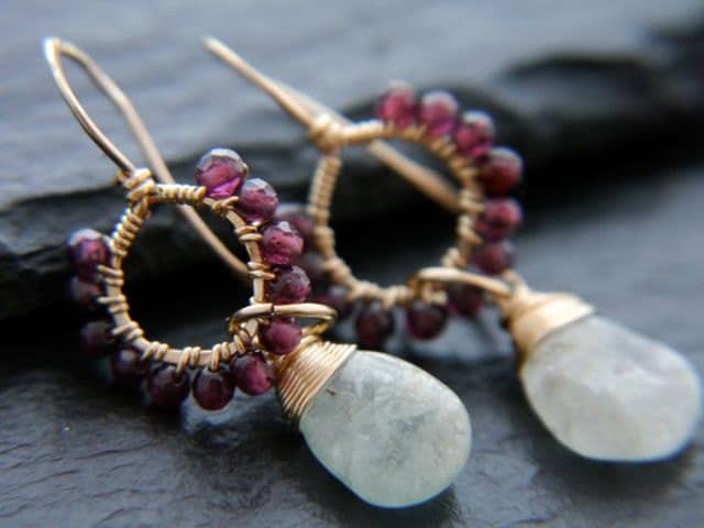Aquamarine Garnet Floral Chandelier Gemstone Earrings, 14K Gold Filled Bohemian Style
