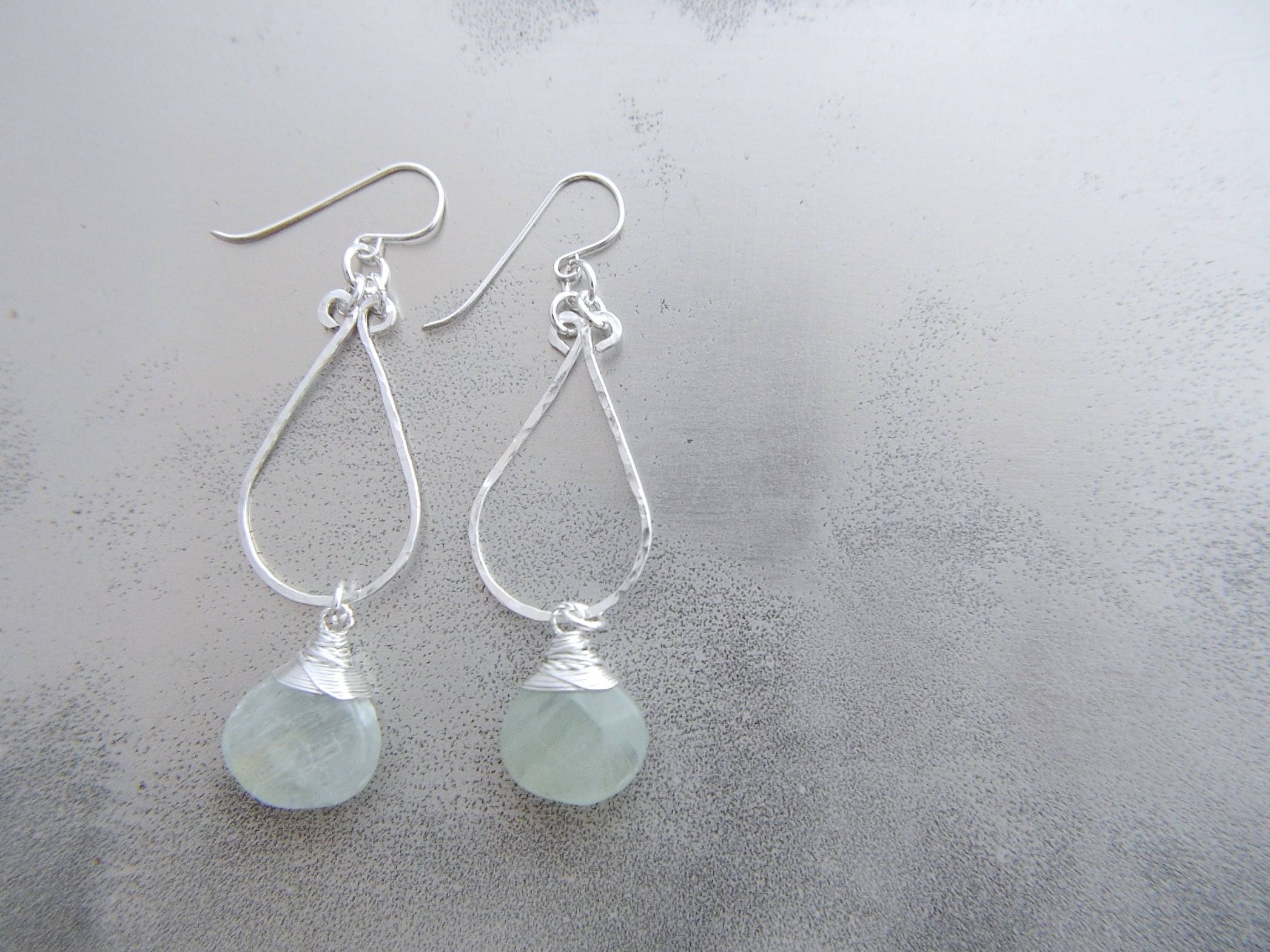 Aquamarine Teardrop Hoop Gemstone Earrings, Sterling Silver, Bridal
