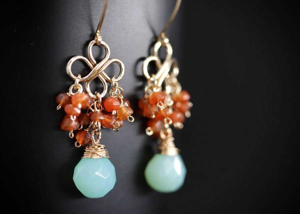 Aqua Chalcedony Carnelian Cluster Earrings, 14K Gold Filled Briolette Dangle, Artisan Jewelry