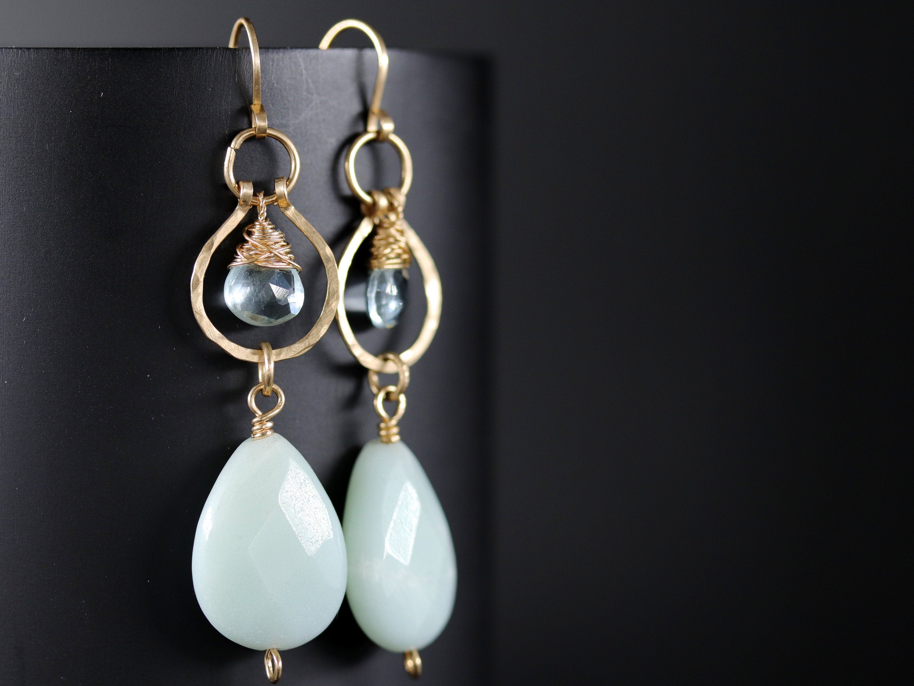 Amazonite Green Amethyst Chandelier Earrings, 14K Gold Filled Statement Dangle, Boho Bridal Jewelry