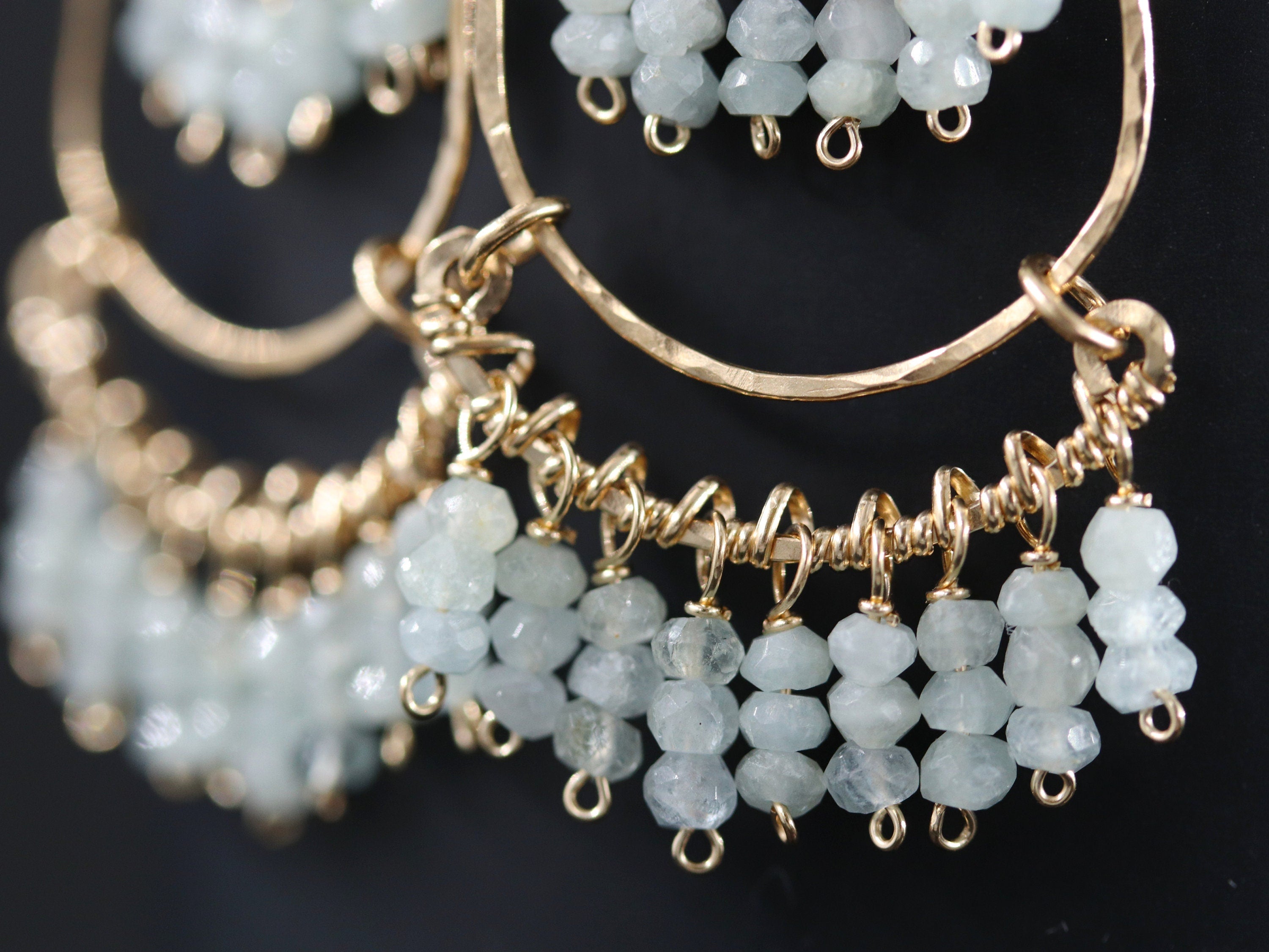 Aquamarine Boho Chandelier Earrings, 14K Gold Filled Fringe Dangle, Wedding Jewelry