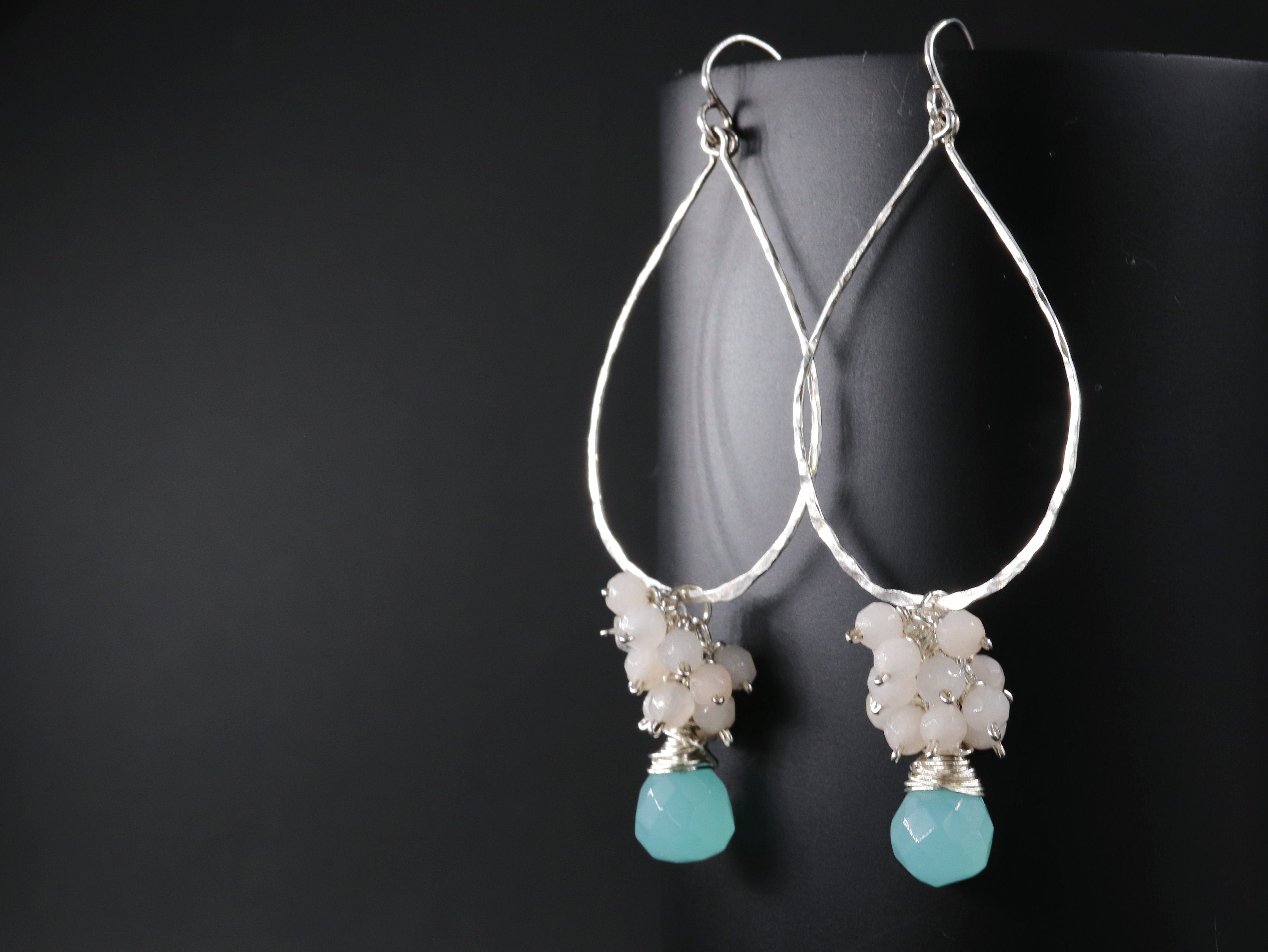 Aqua Chalcedony Rose Quartz Floral Hoop Gemstone Earrings, Sterling Silver, Garden Wedding