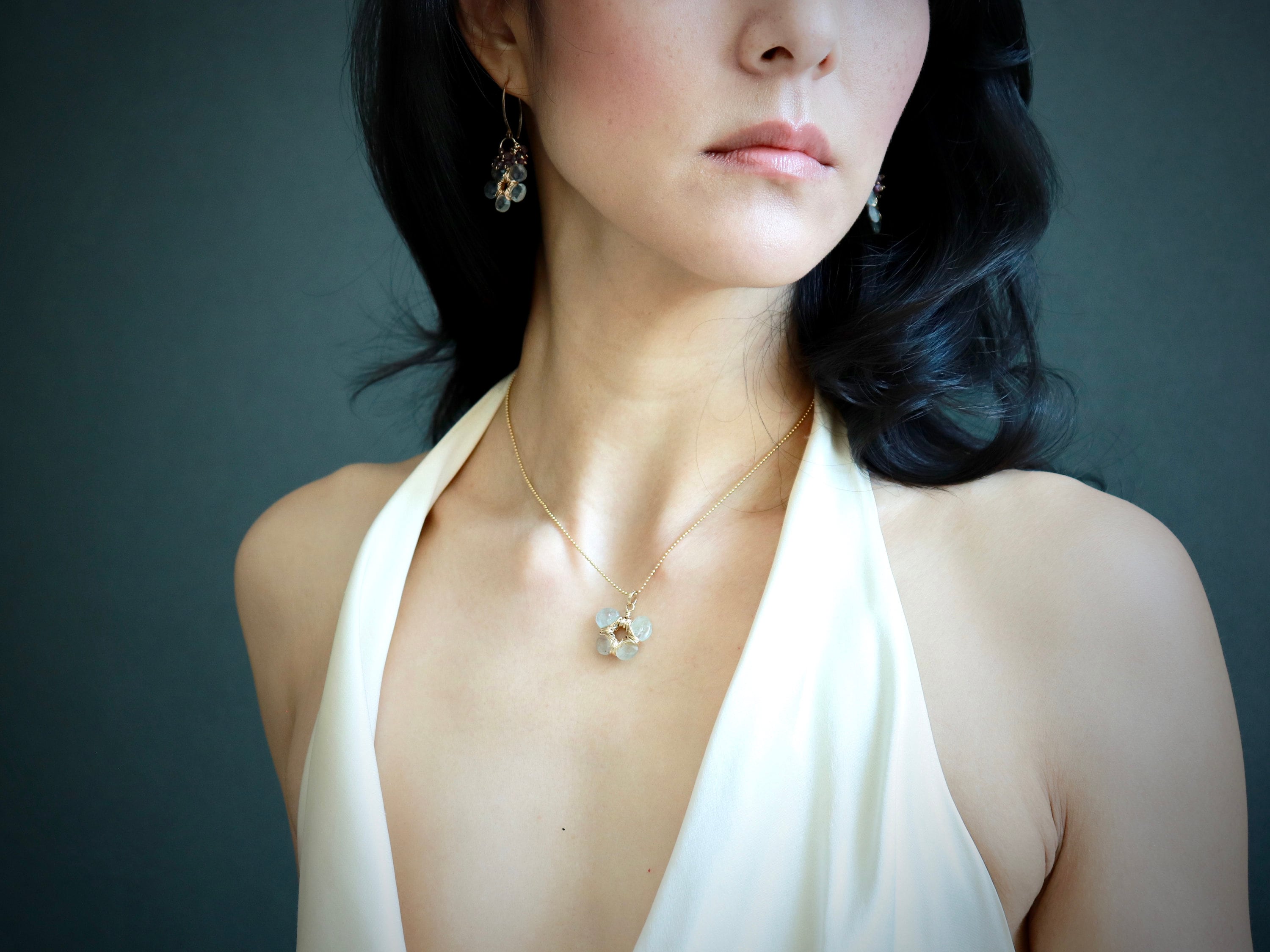 Aquamarine Flower Pendant Gemstone Necklace, 14K Gold Filled Bohemian Bride