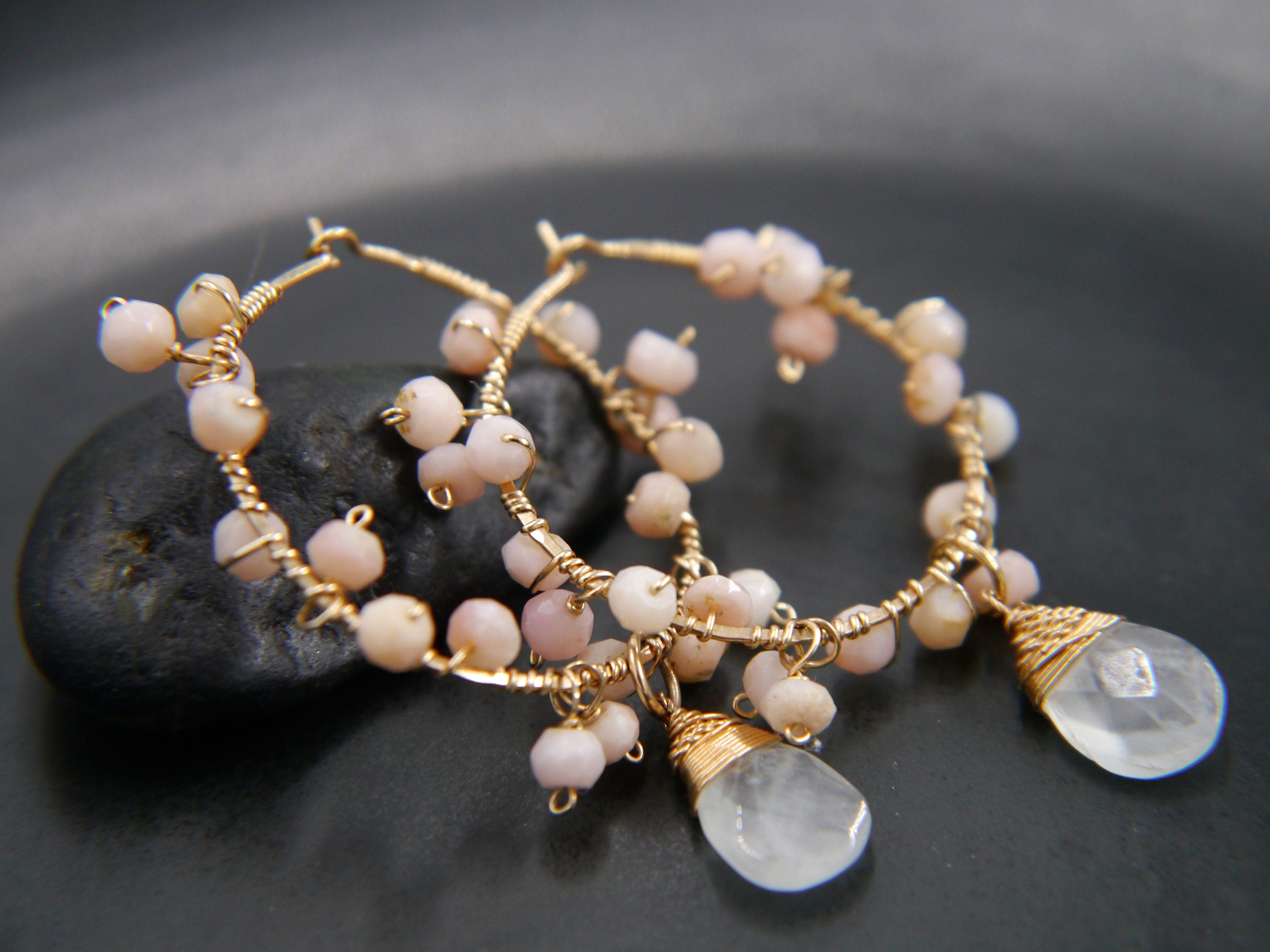 Aquamarine Pink Opal Floral Hoop Gemstone Earrings, 14K Gold Filled Bridal