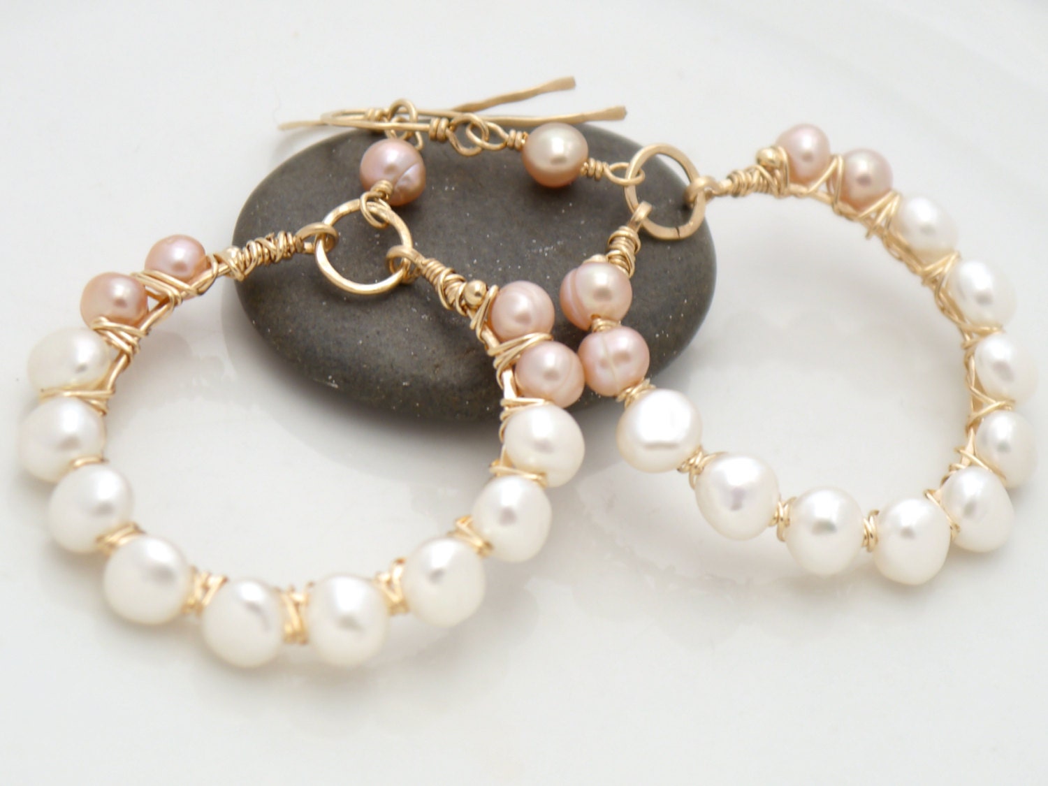 Pink and White Pearl Hoop Gemstone Earrings, 14K Gold Filled Timeless Wedding