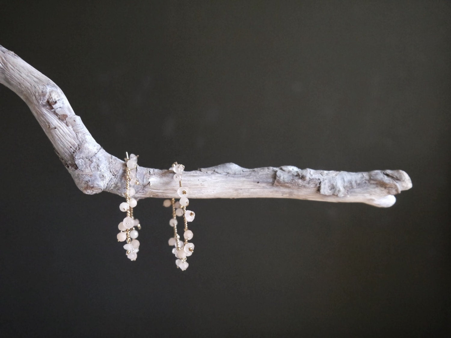 Rose Quartz Floral Hoop Gemstone Earrings, 14K Gold Filled Botanical Bride