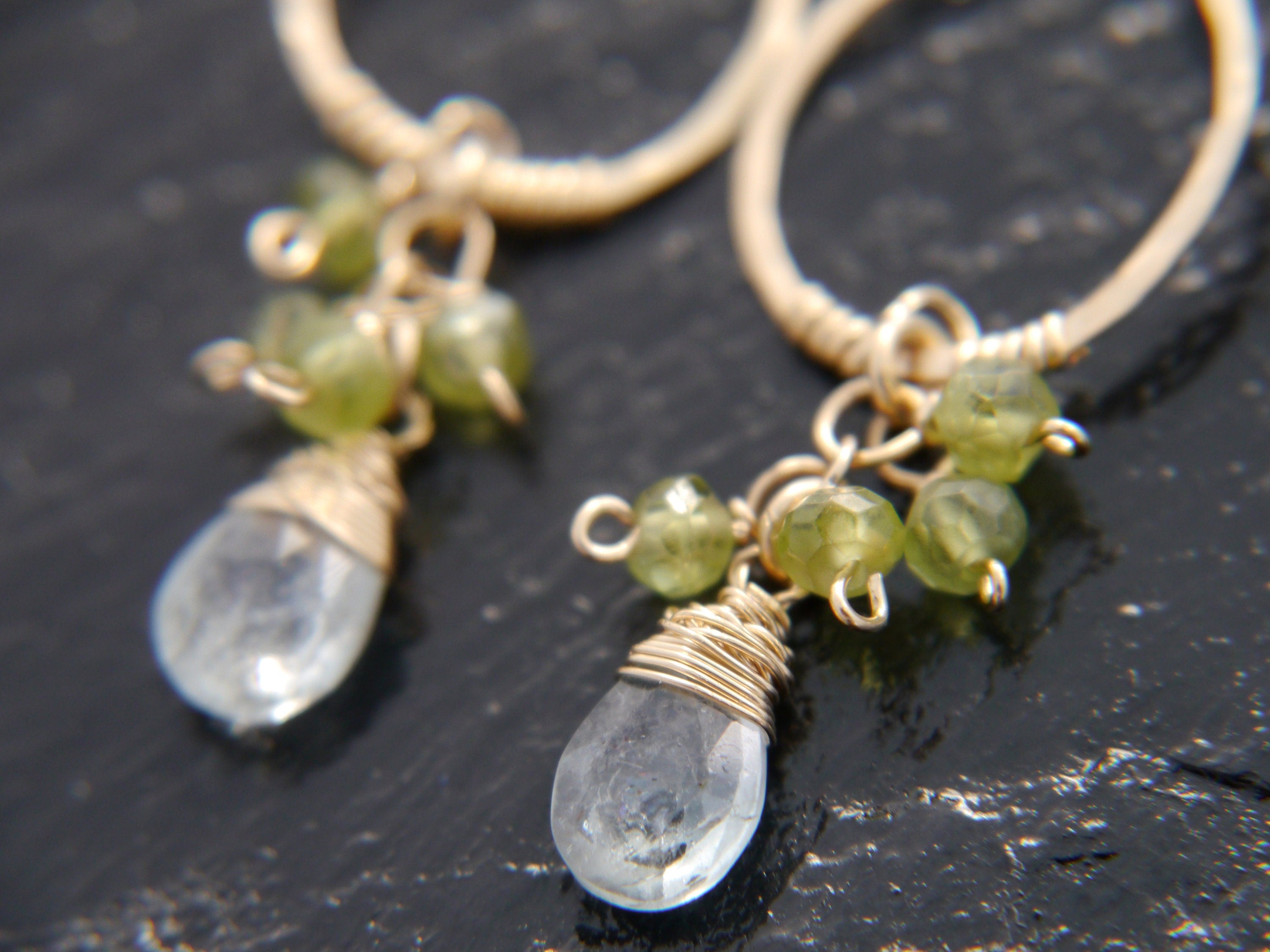 Aquamarine Peridot Chandelier Floral Gemstone Earrings, 14K Gold Filled Bohemian