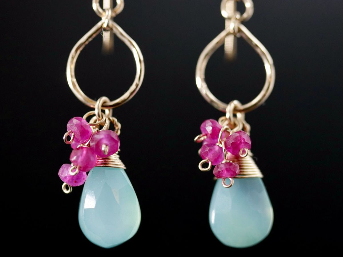 Aqua Chalcedony Ruby Floral Gemstone Earrings, 14K Gold Filled Boho Jewelry