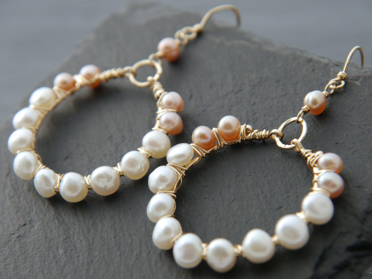 Pink and White Pearl Hoop Gemstone Earrings, 14K Gold Filled Timeless Wedding