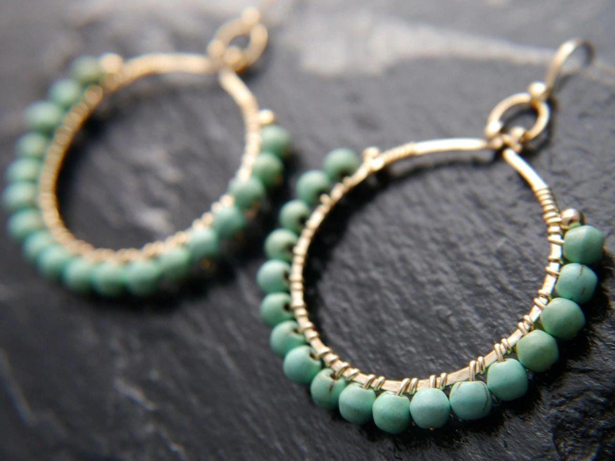 Turquoise Magnesite Hoop Gemstone Earrings, 14K Gold Filled Summer Style