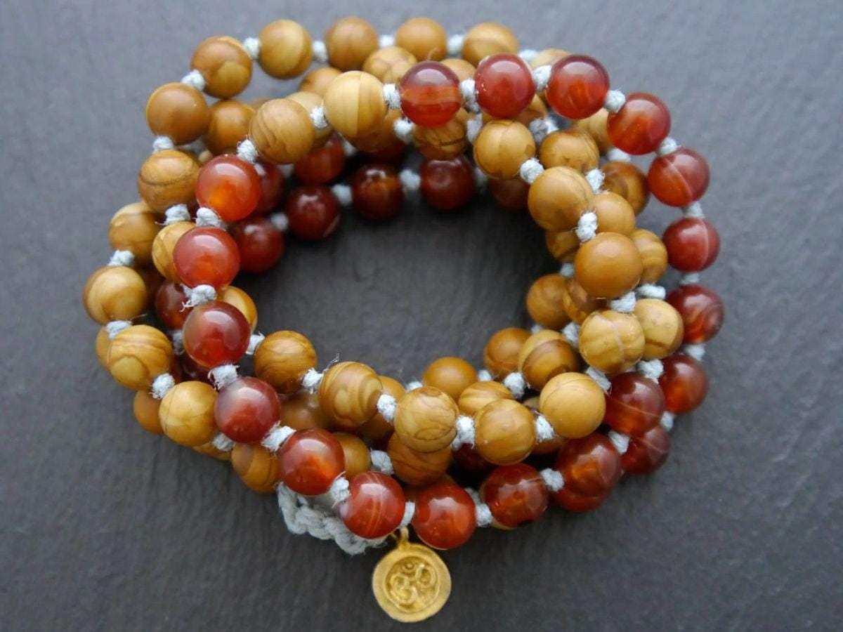 Red Carnelian Brown Jasper Mala Beads, 108 Gemstone Beads, Wrap, Hand Knotted