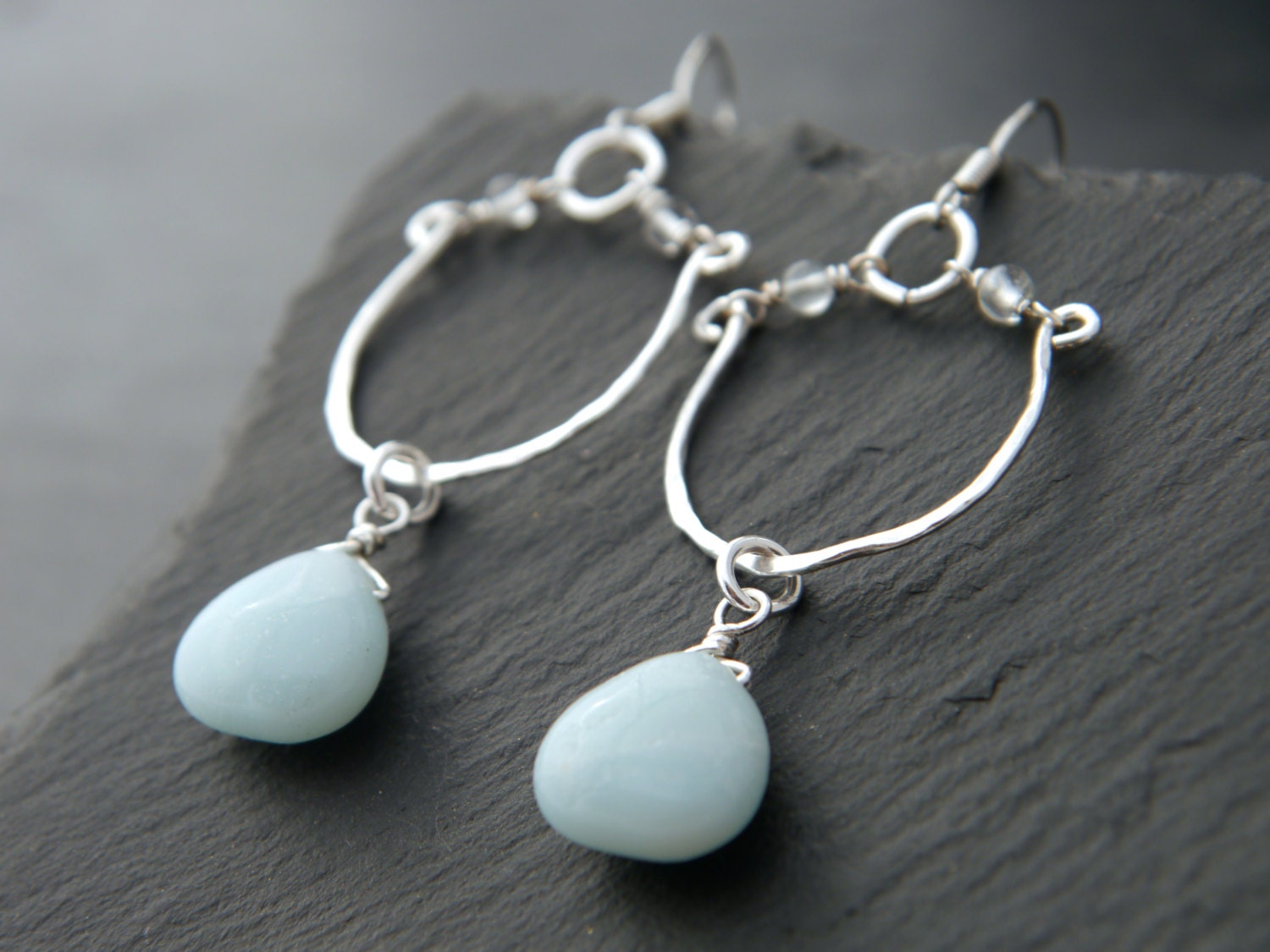 Aqua Amazonite Hoop Gemstone Earrings, Sterling Silver, Wedding