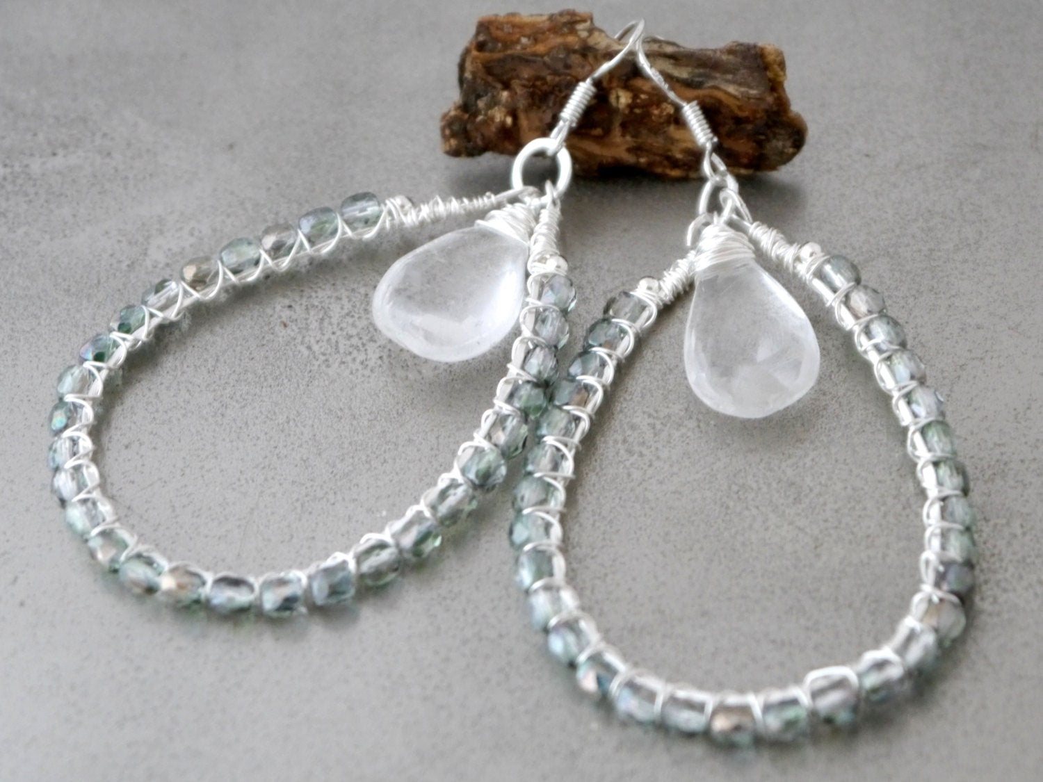 Quartz Czech Glass Briolette Teardrop Gemstone Earrings, Sterling Silver Hoops