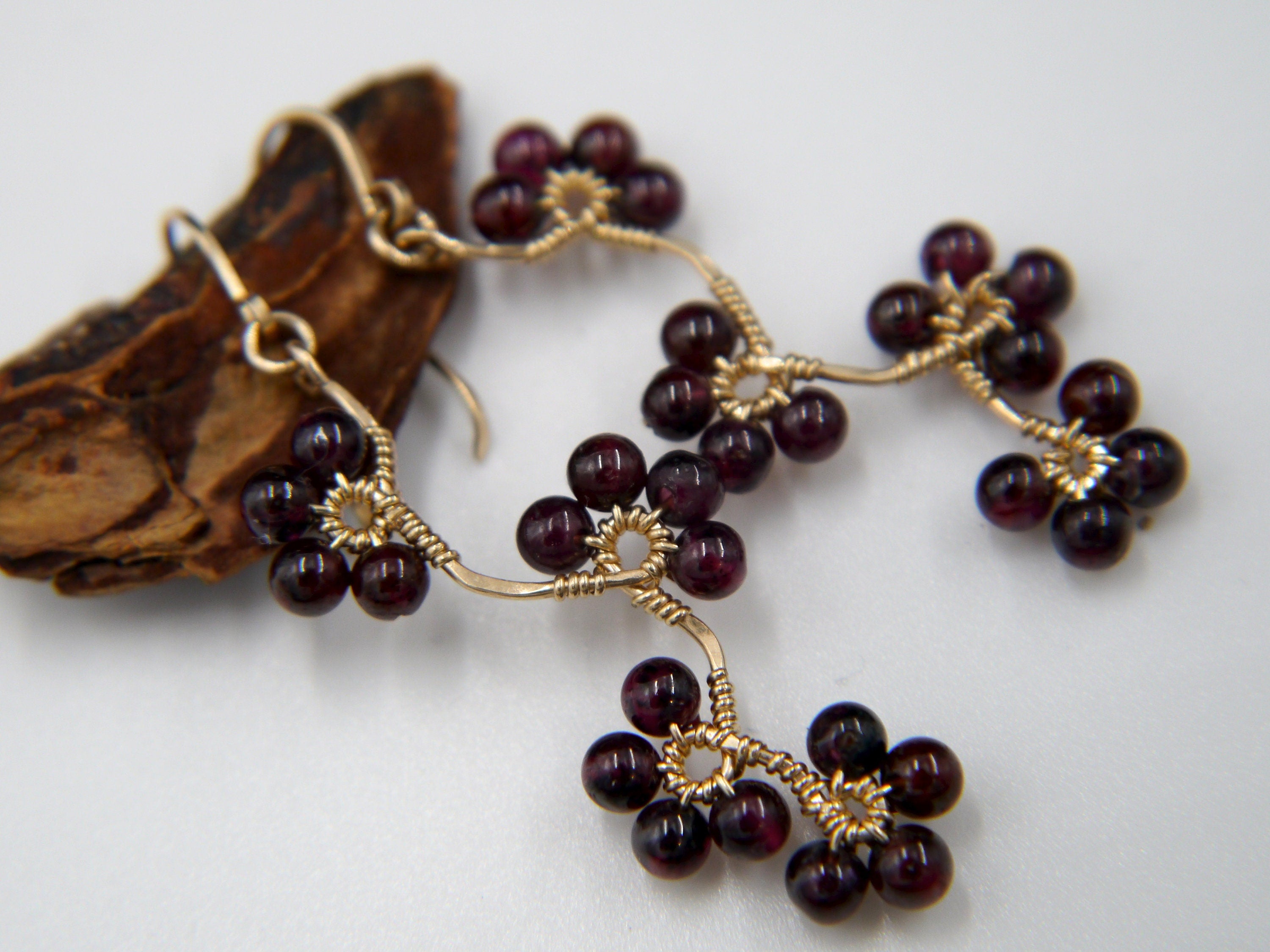 Garnet Floral Dangle Gemstone Earrings, 14K Gold Filled Artisan Heirloom