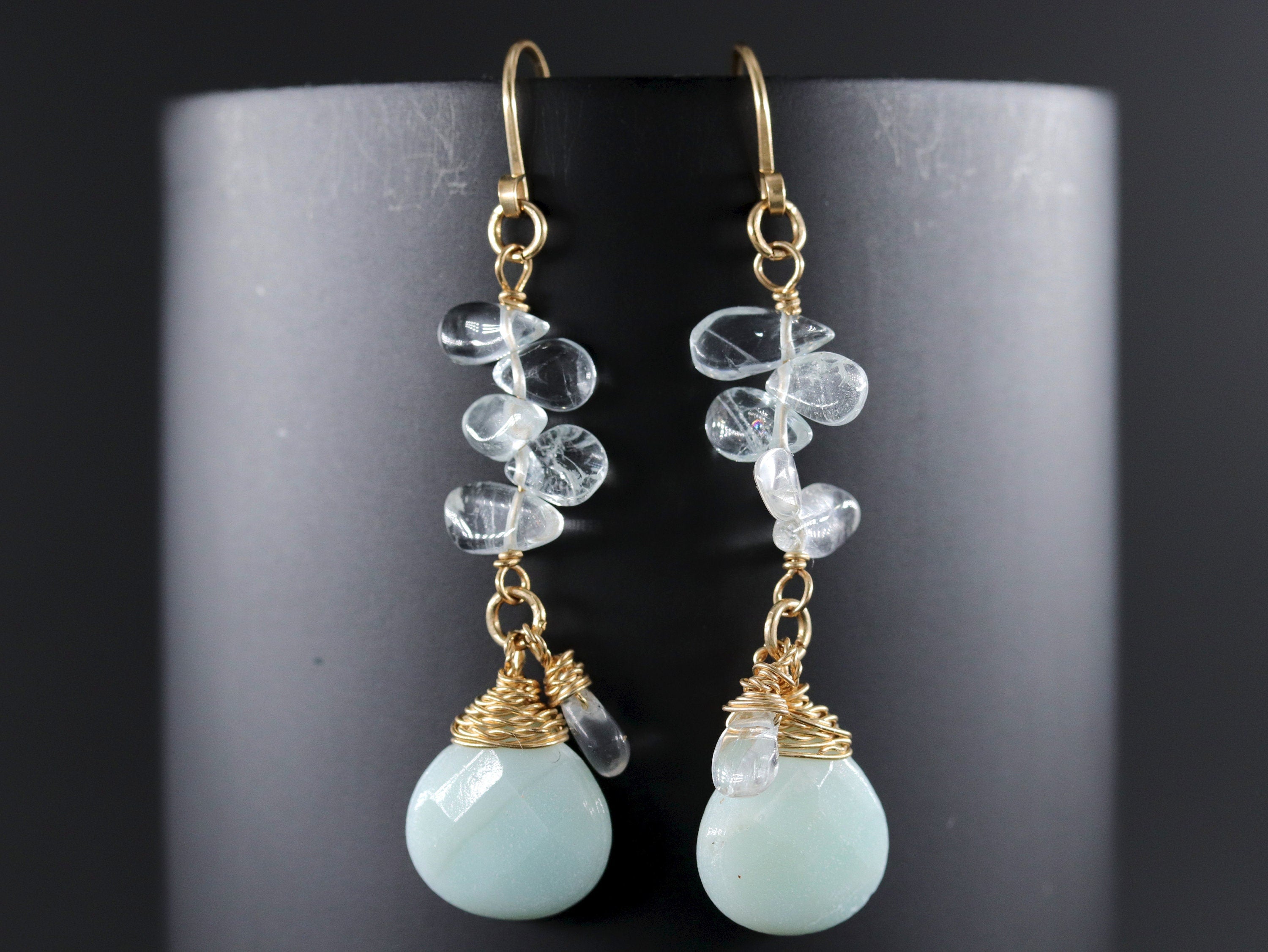 Aquamarine Amazonite Floral Dangle Teardrop Gemstone Earrings, 14K Gold Filled