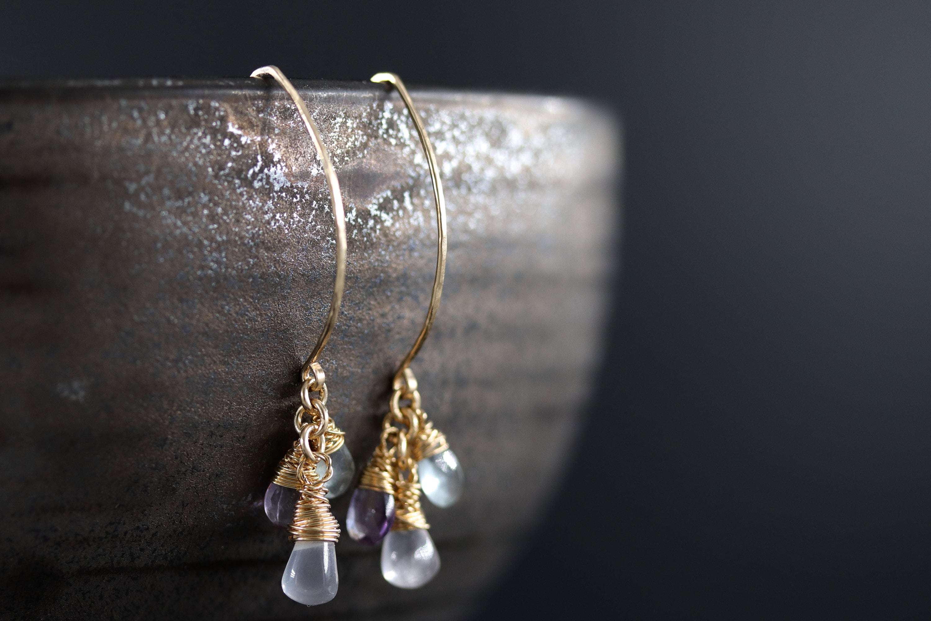 Amethyst Aquamarine Trio Earrings, 14K Gold Filled Minimal Drop, Delicate Jewelry