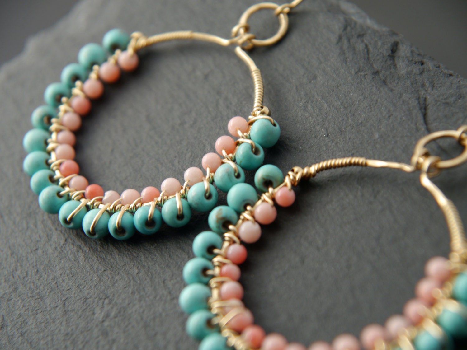 Turquoise Coral Hoop Gemstone Earrings, 14K Gold Filled Boho Wedding Coastal Style