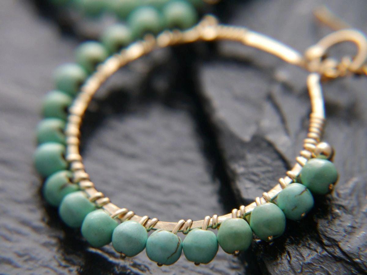 Turquoise Magnesite Hoop Gemstone Earrings, 14K Gold Filled Summer Style