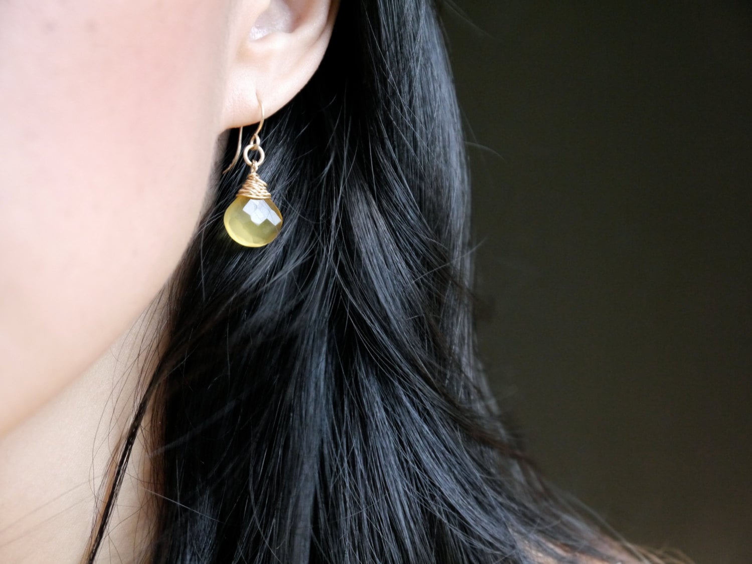 Yellow Chalcedony Heart Briolette Drop Gemstone Earrings, 14K Gold Filled Minimalist