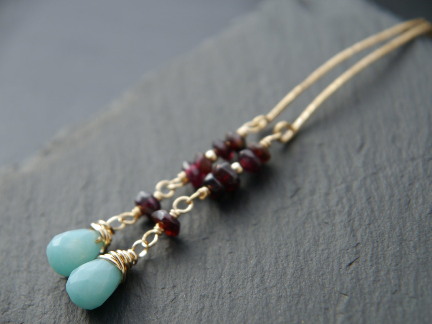 Amazonite Garnet Long Dangle Earrings, 14K Gold Filled Linear Drop, Boho Statement Jewelry