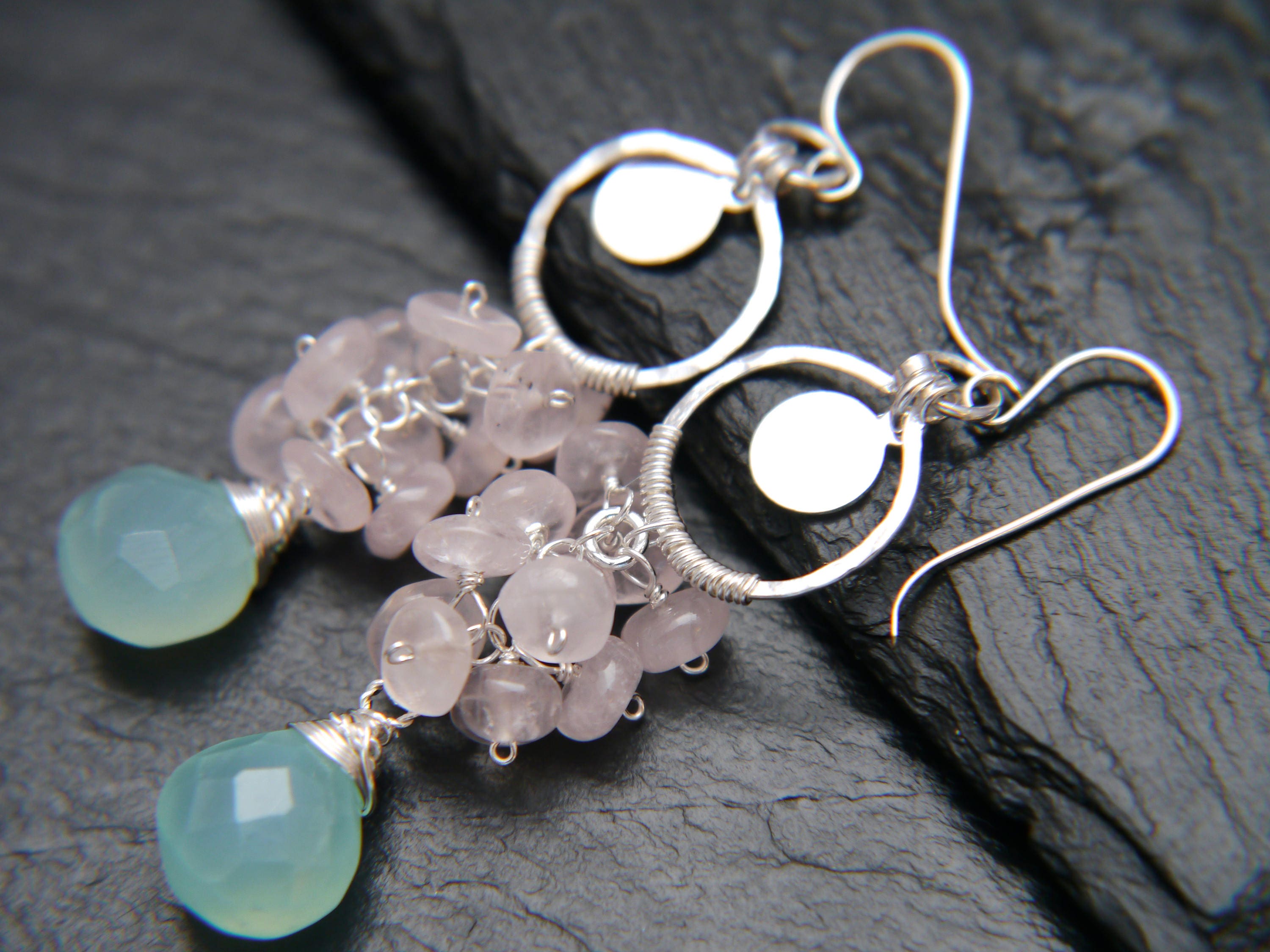 Aqua Chalcedony Rose Quartz Floral Cluster Long Dangle Gemstone Earrings, Sterling Silver