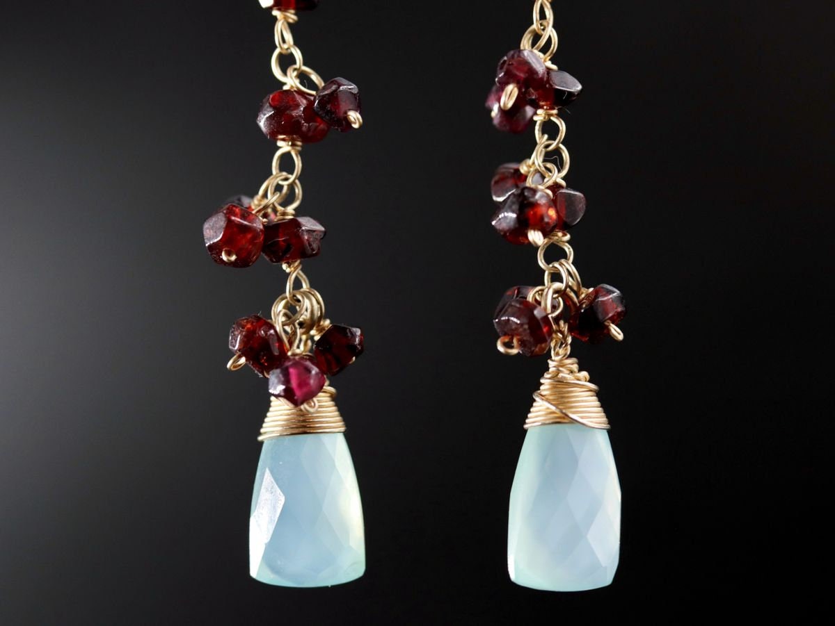 Garnet Aqua Chalcedony Briolette Dangle, Gemstone Earrings, 14K Gold Filled Boho Jewelry