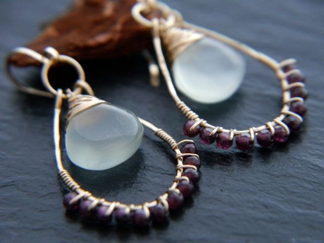 Garnet Aqua Chalcedony Briolette Teardrop Gemstone Earrings, 14K Gold Filled