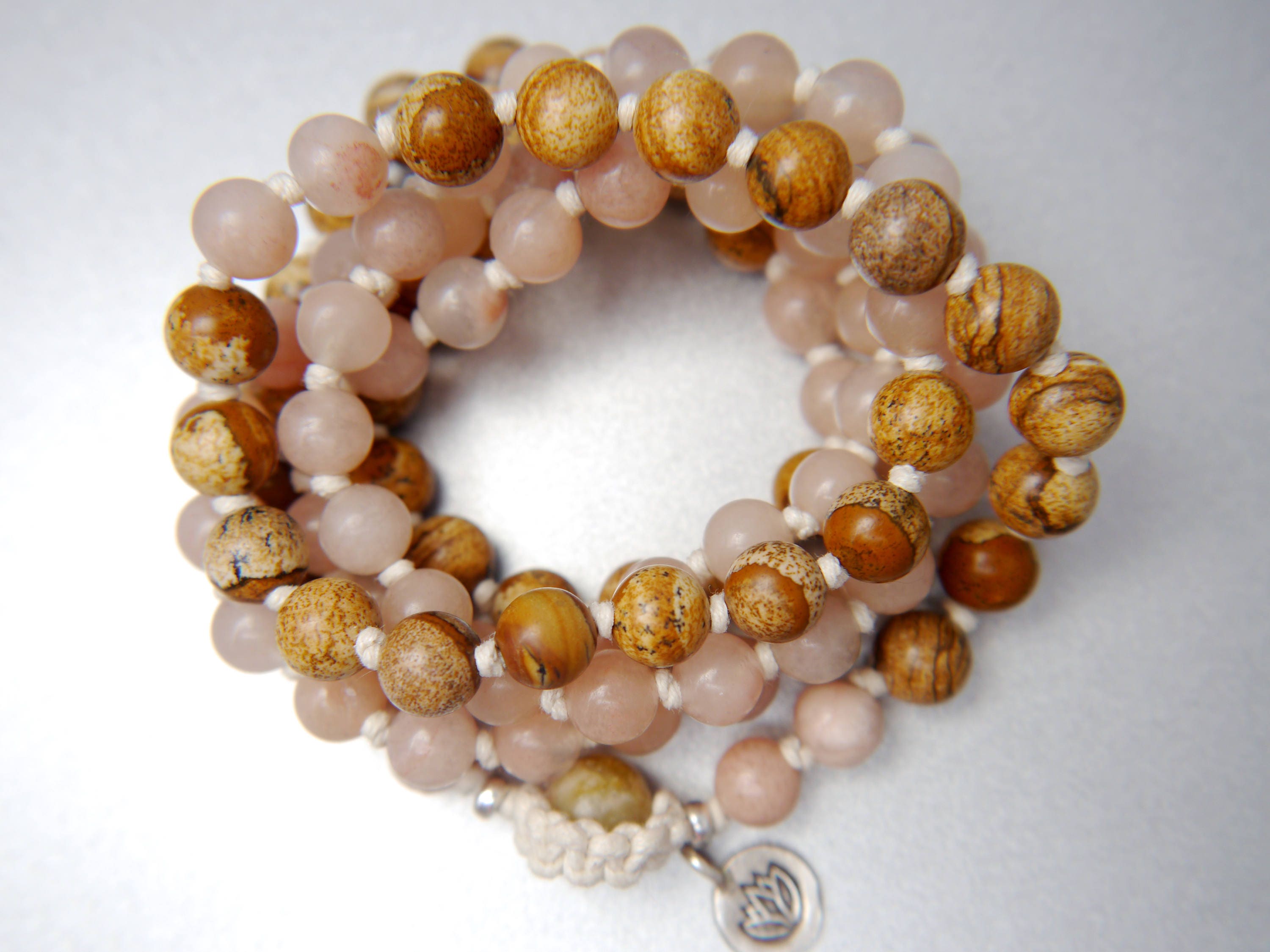 Picture Jasper Pink Aventurine 108 Mala , Hand Knotted , Tibetan Prayer Beads